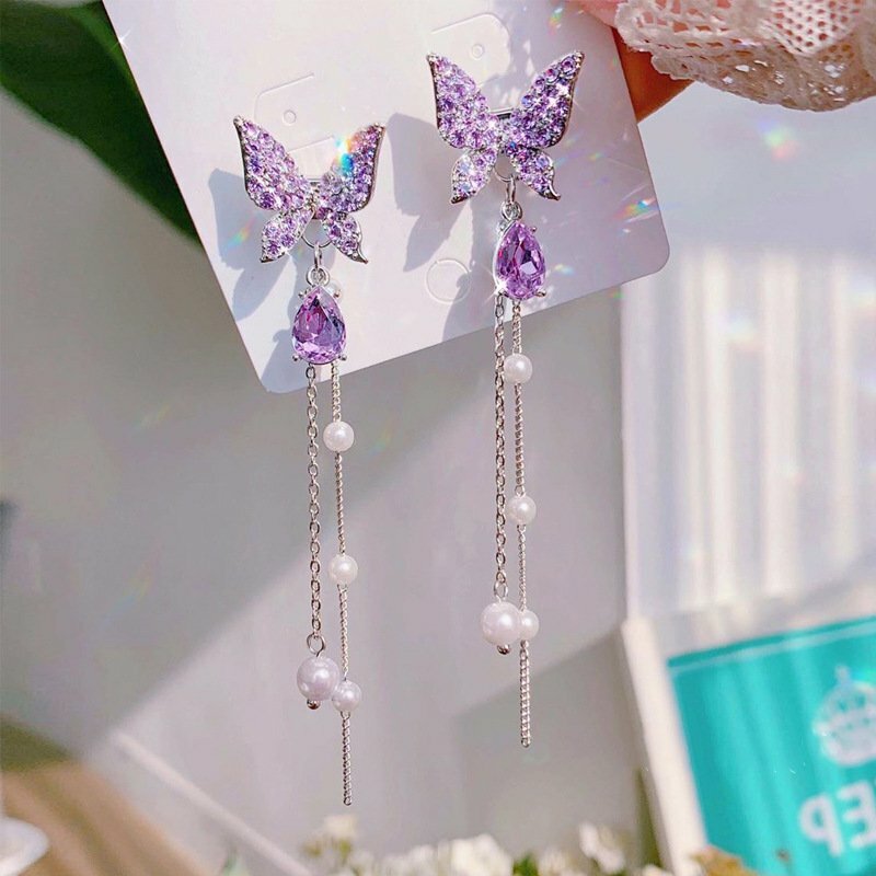 Chic Butterfly Crystal Pearl Women Earrings 12cm Tassel Stud Drop Dangle Jewelry Chic Butterfly Crystal Pearl Women Earrings 12cm Tassel Stud Drop Dangle Jewelry