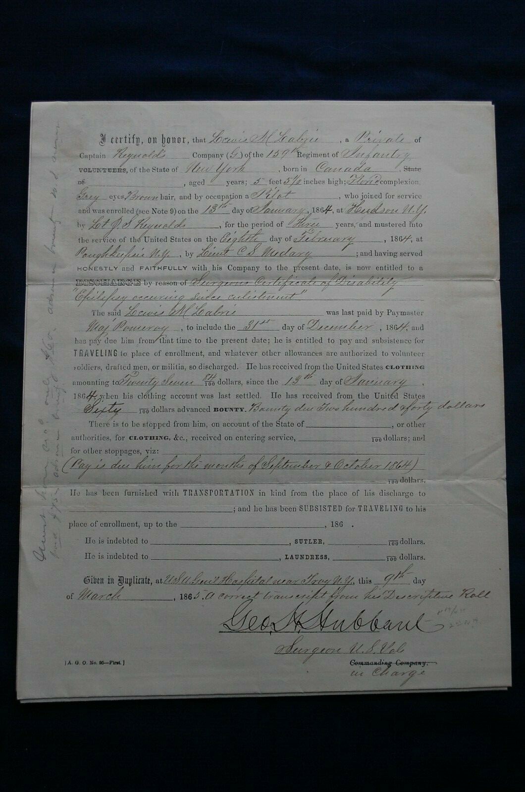 Final Statement & Pay Voucher, Canadian, Lewis M. Labrie, 159th N.Y. Vols. Co.G Final Statement & Pay Voucher, Canadian, Lewis M. Labrie, 159th N.Y. Vols. Co.G