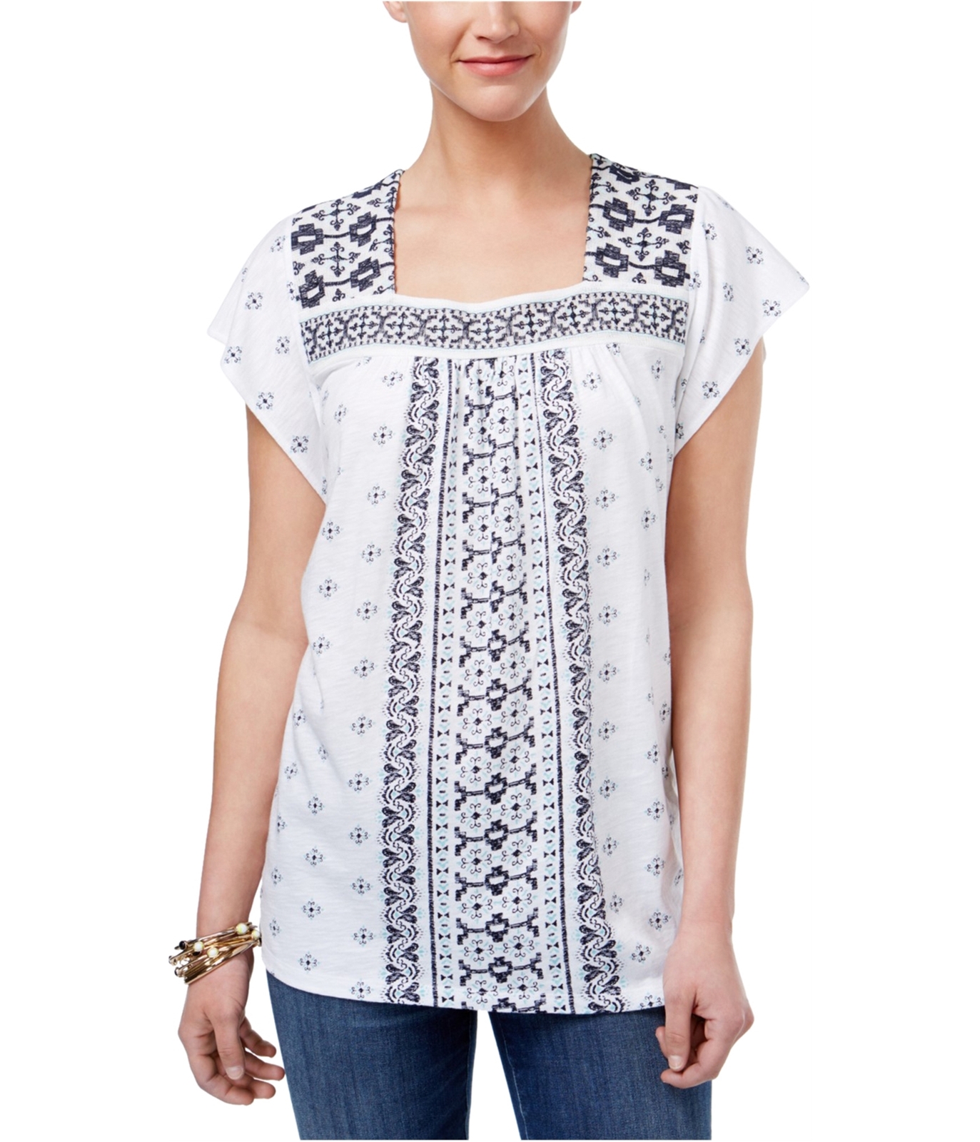 Style & Co. Womens Mixed-Print Bib Pullover Blouse, White, Medium