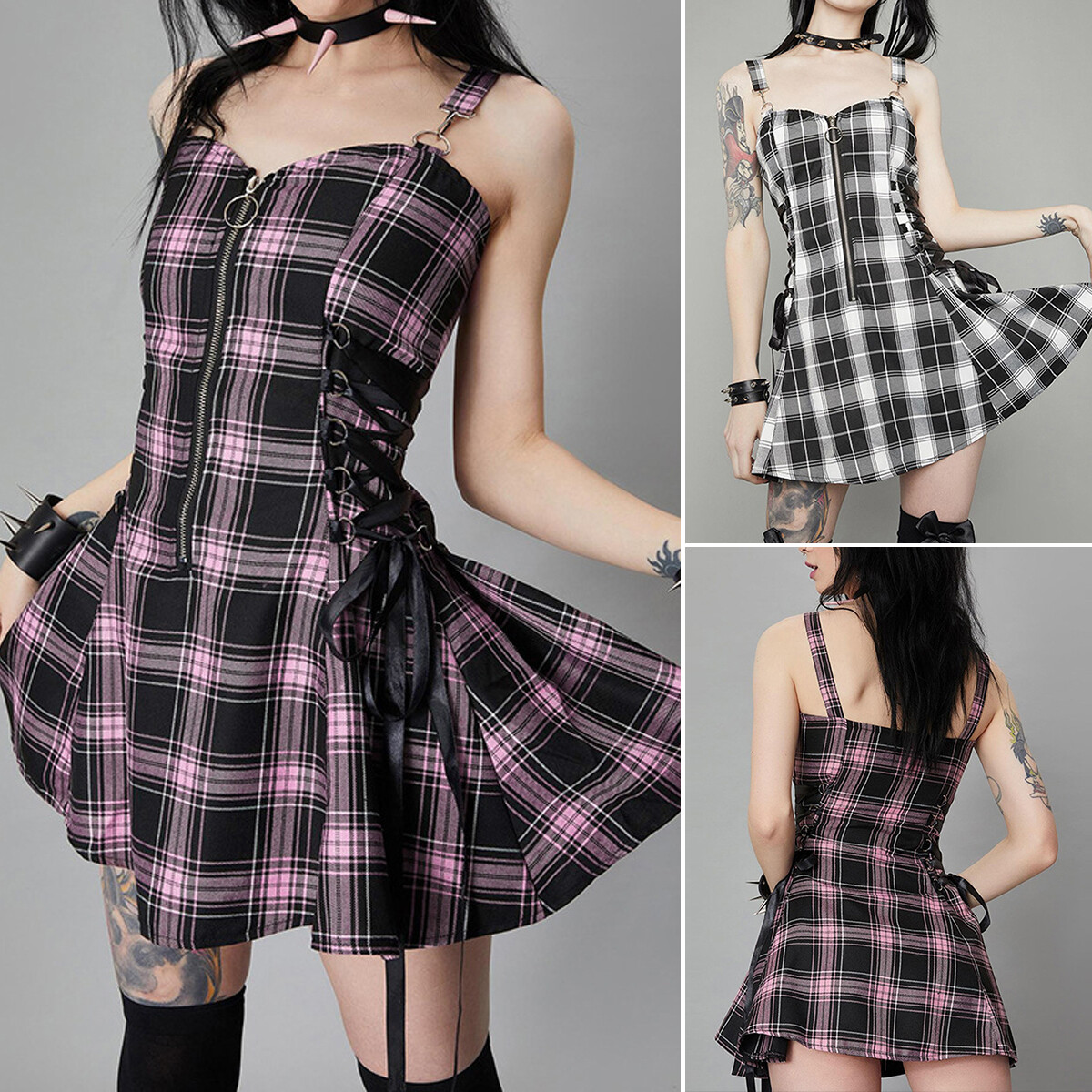 Summer Women Punk Dress Sundress Ladies Beach Party Plaids Strap Dresses Clothes