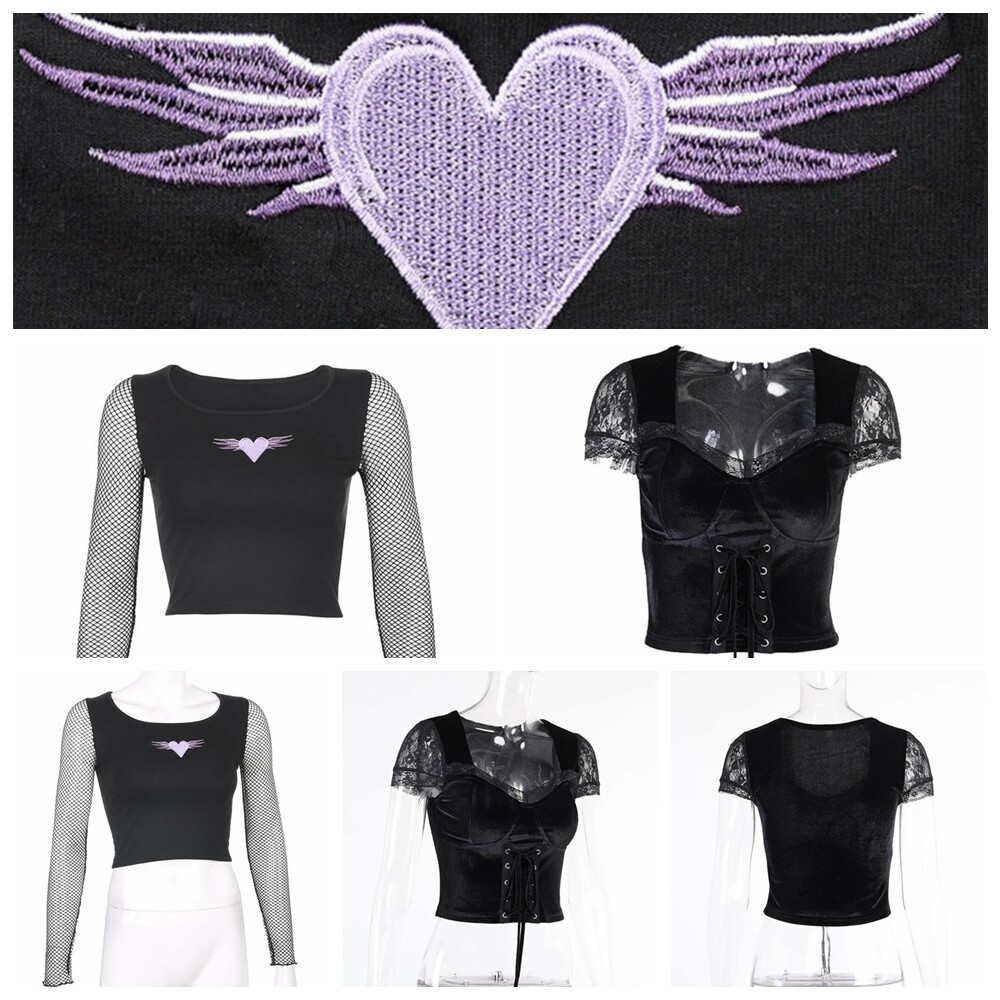Gothic Summer Cropped T-Shirts Fashion Lace Short Sleeve T Shirt for Women Girls