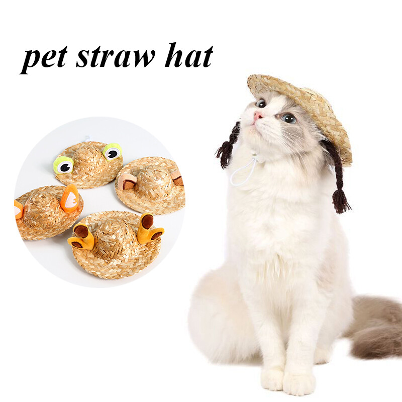 Pet Dog Cat Sun Shade Straw Hat Cute Drawstring Adjust Shoot A Picture Props Cap