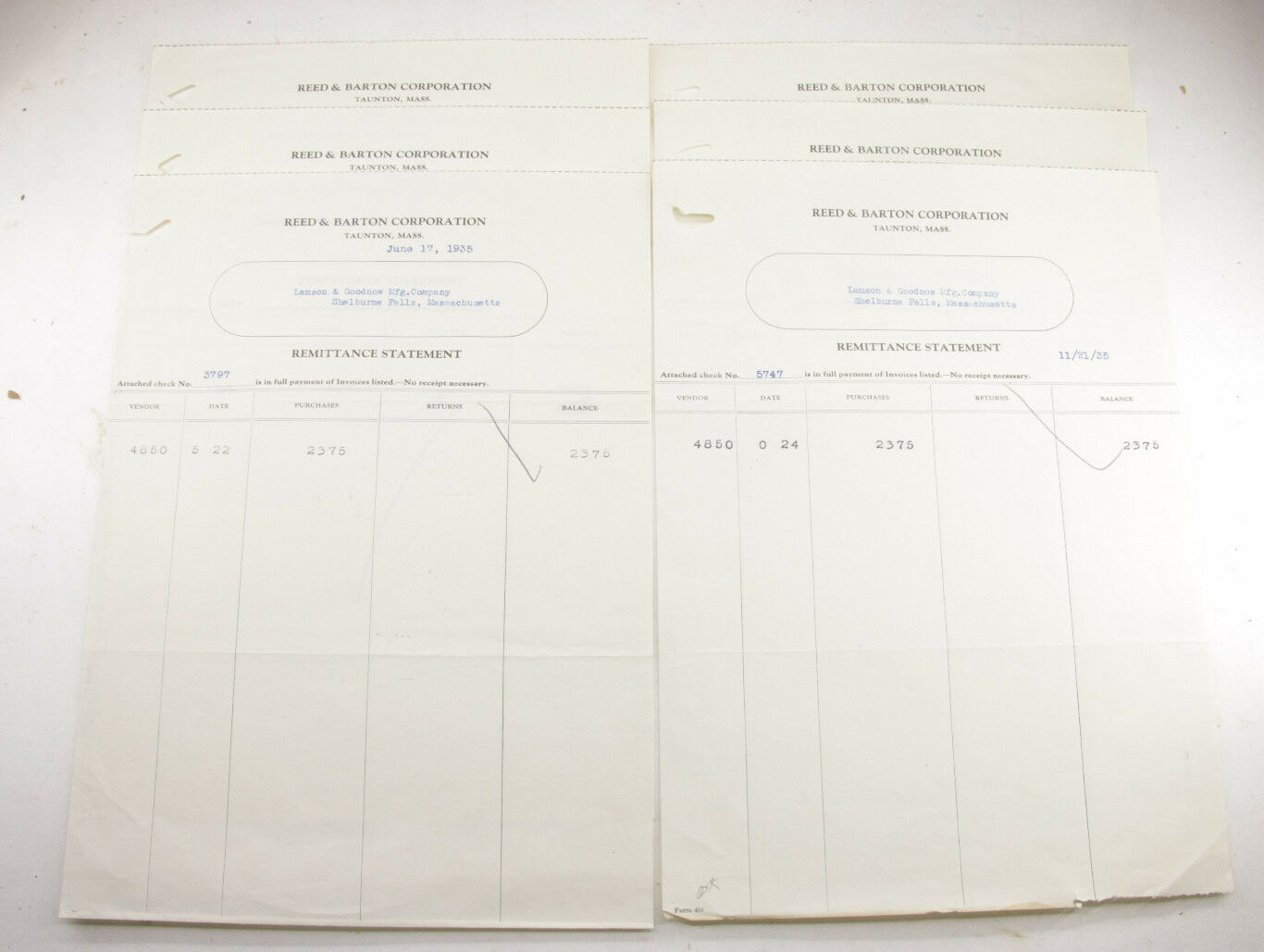 1935 Lamson Goodnow Reed & Barton Corp Taunton MA Pay Vouchers Ephemera P773F 1935 Lamson Goodnow Reed & Barton Corp Taunton MA Pay Vouchers Ephemera P773F