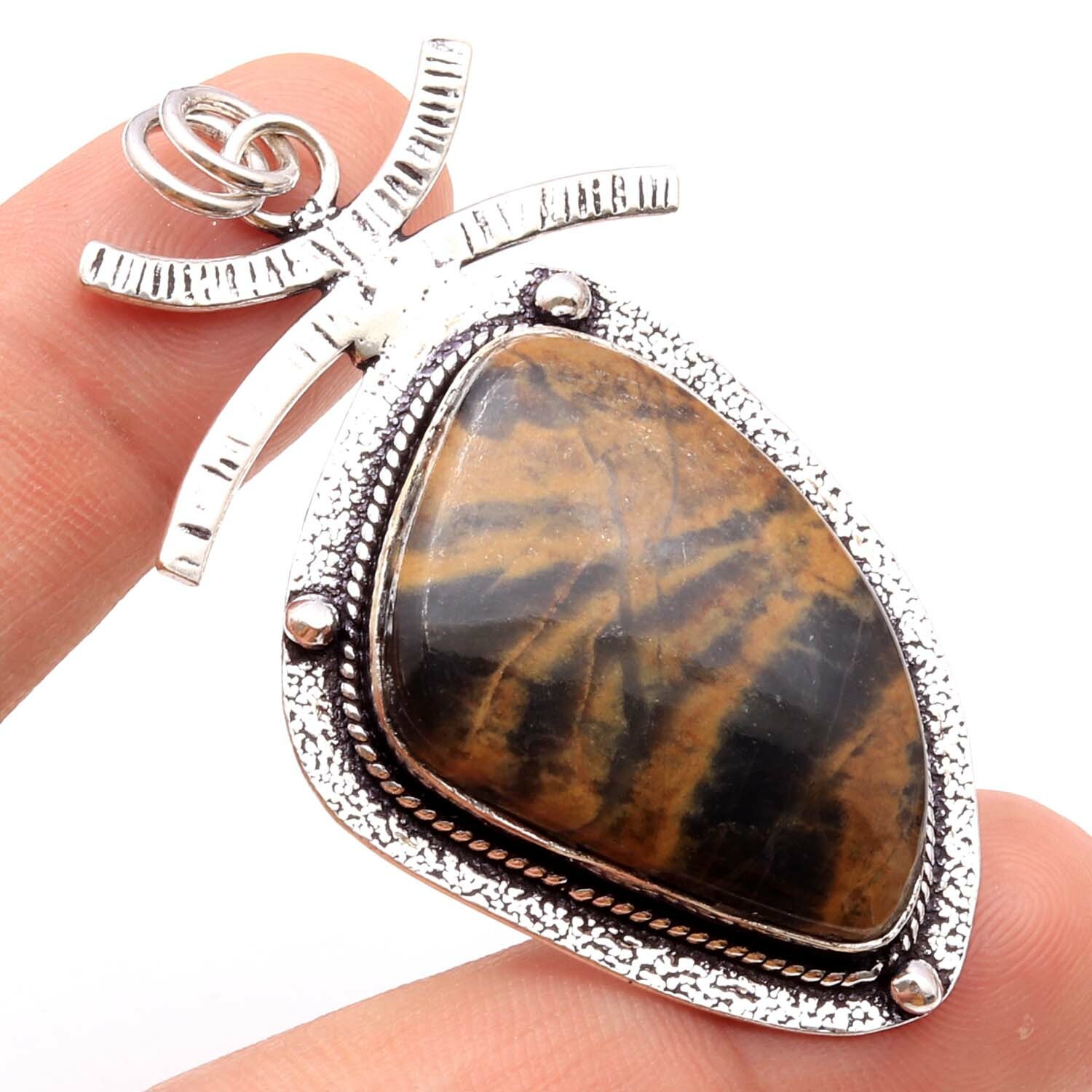 Picture Jasper Sterling Silver Plated Necklace Pendant Size 2.1″ Jewelry T4927