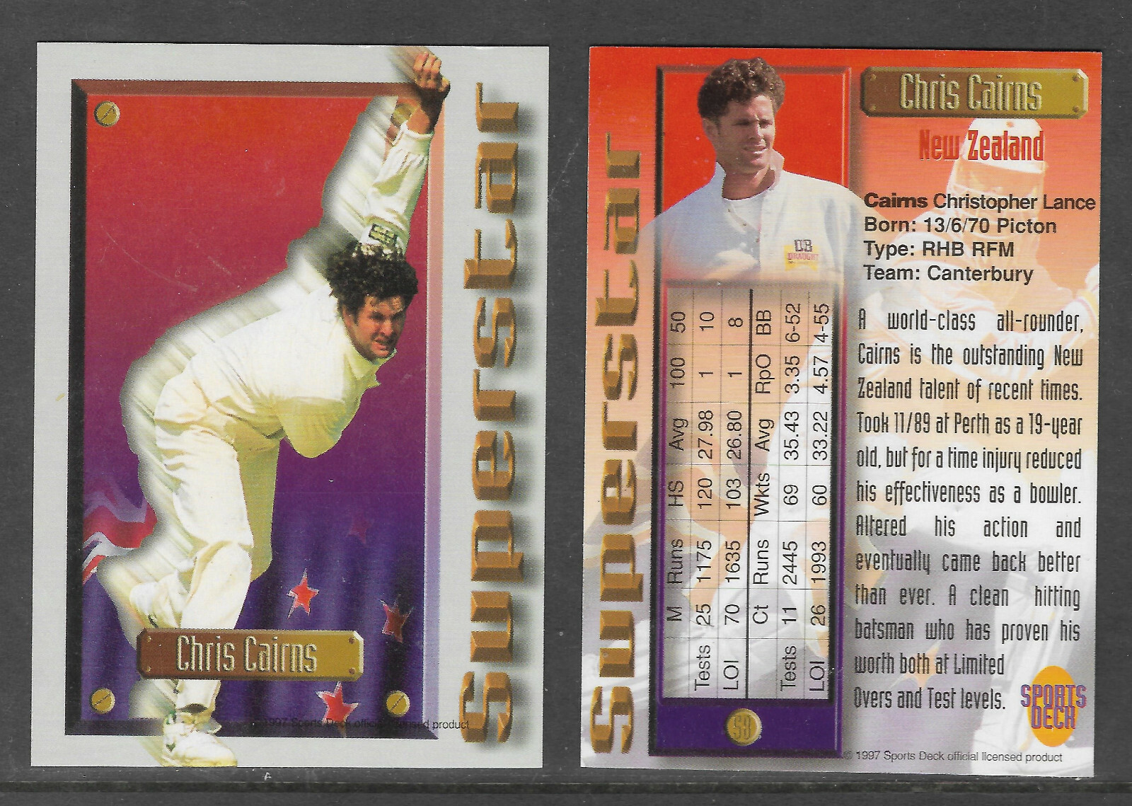 CHRIS CAIRNS (NZ) 1997 South Africa SPORTS DECK CRICKET SUPERSTAR CARD #58 CHRIS CAIRNS (NZ) 1997 South Africa SPORTS DECK CRICKET SUPERSTAR CARD #58