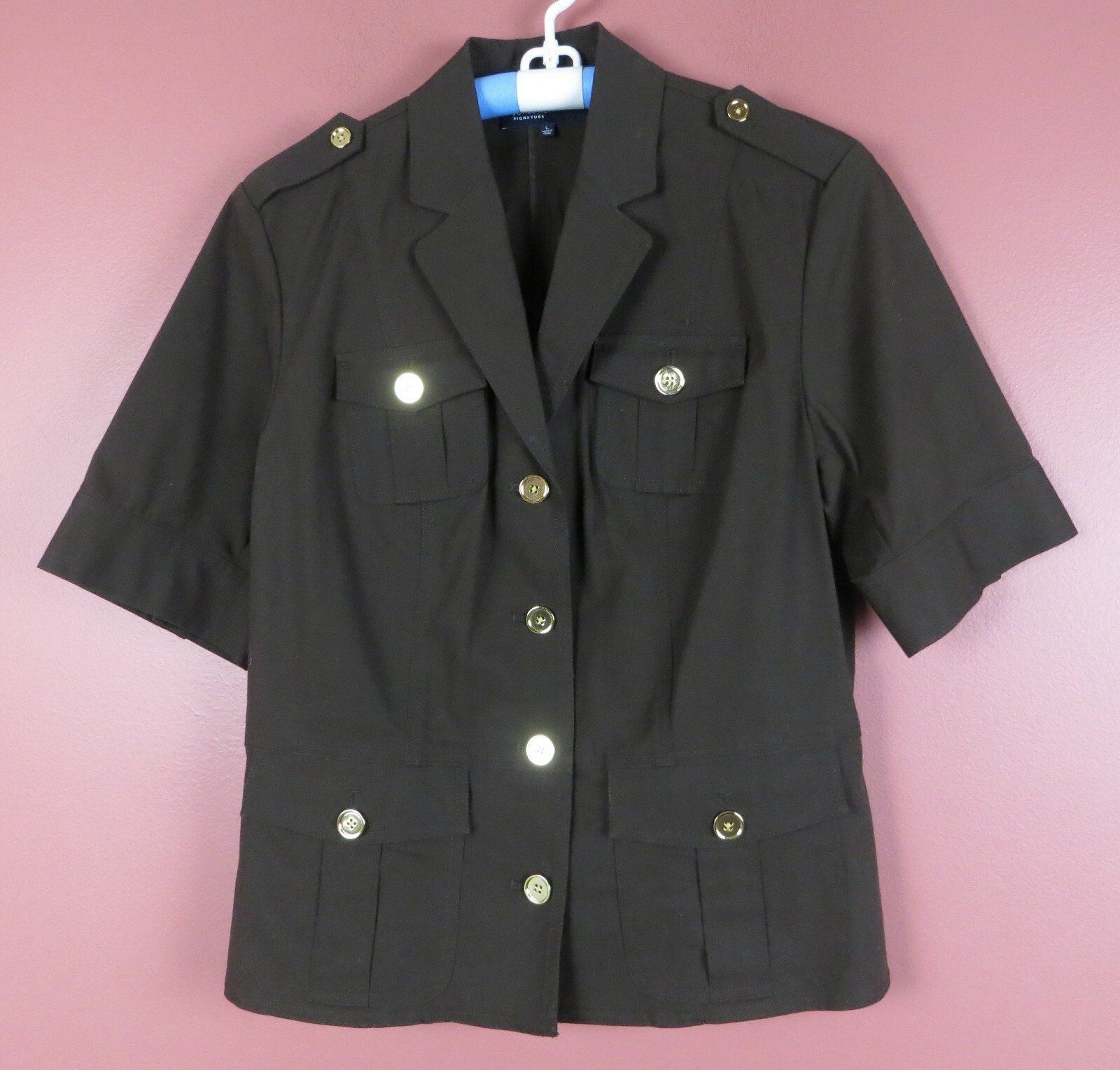TB05565-JONES NEW YORK Womens Stretch Cotton Blouse Military Style Dark Brown L TB05565-JONES NEW YORK Womens Stretch Cotton Blouse Military Style Dark Brown L