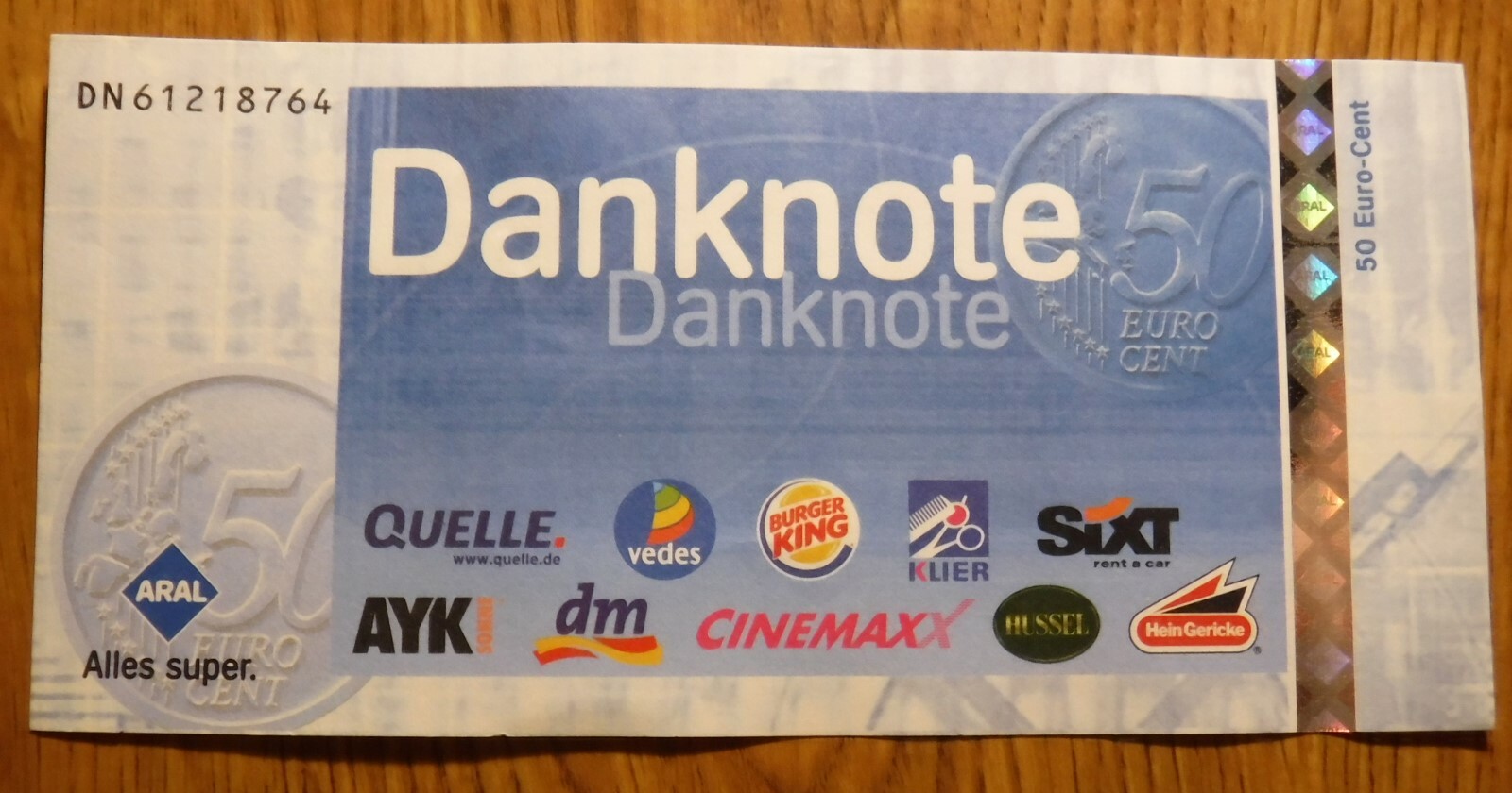 GERMANY ONE CRISP UNC. BANK NOTE VOUCHER .50 EURO CENT GERMANY ONE CRISP UNC. BANK NOTE VOUCHER .50 EURO CENT