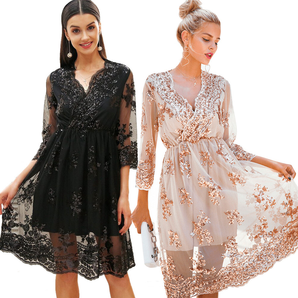 Womens Dresses Party Cocktail Skirt V-neck Casual Clothing Long Sleeve Elegant