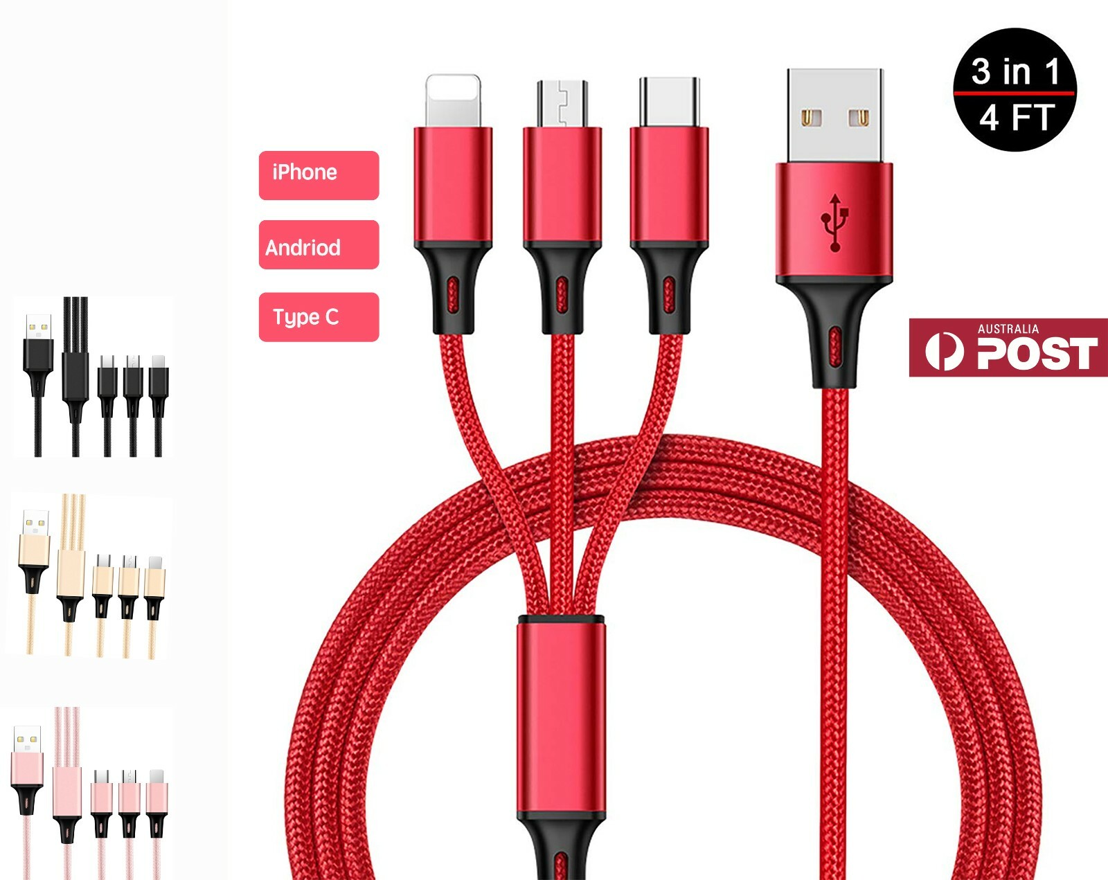 3 in1 Nylon Braided Multi USB Charging Cable For Apple iPhone Micro USB Android 3 in1 Nylon Braided Multi USB Charging Cable For Apple iPhone Micro USB Android