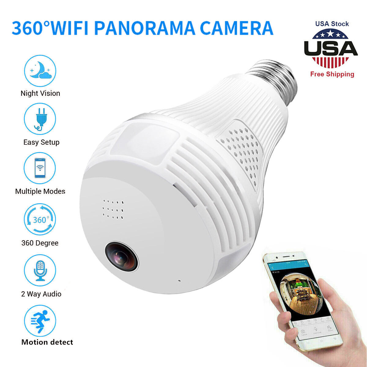 1080P HD Smart WiFi 360° Panoramic Fisheye Hidden Bulb Light Spy Camera Lamp