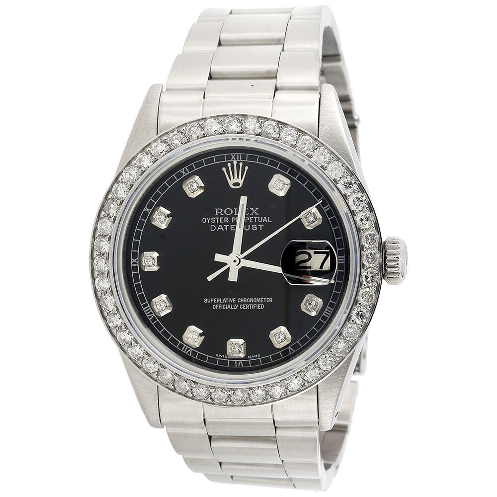 Mens Rolex 36mm DateJust Diamond Watch Oyster Steel Band Custom Black Dial 2 CT. Mens Rolex 36mm DateJust Diamond Watch Oyster Steel Band Custom Black Dial 2 CT.