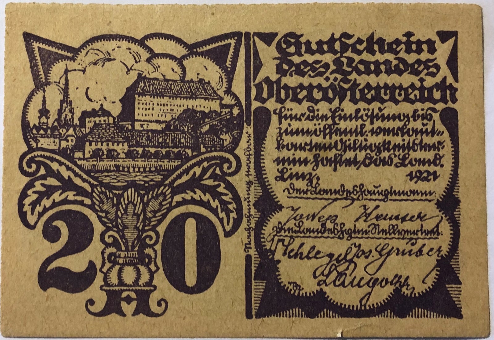 1921 ~ Oberosterreich ~ AUSTRIA ~ 20 heller voucher ~ NOTGELD ~ AU50 Condition 1921 ~ Oberosterreich ~ AUSTRIA ~ 20 heller voucher ~ NOTGELD ~ AU50 Condition