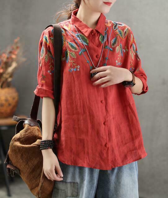 Womens Ladies Fashion Retro Embroidered 3/4 Sleeves Linen Shirt Blouse Tops Womens Ladies Fashion Retro Embroidered 3/4 Sleeves Linen Shirt Blouse Tops