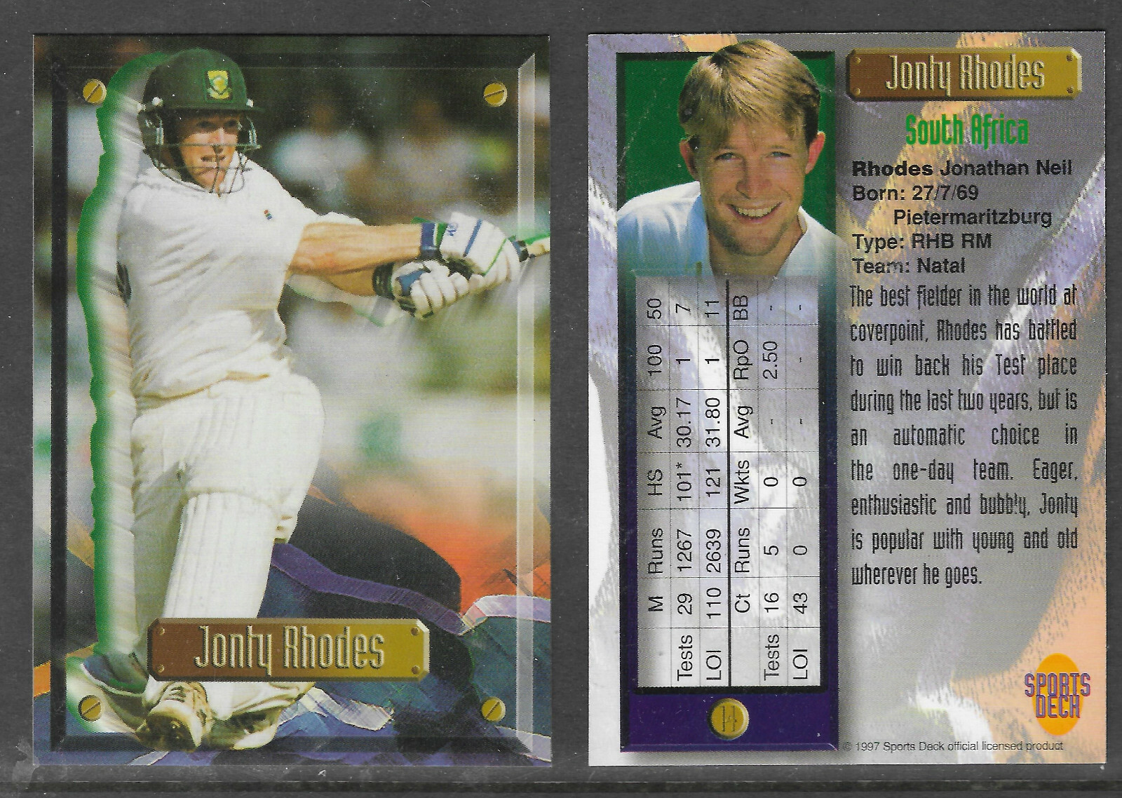 JONTY RHODES (South Africa) 1997 South Africa SPORTS DECK CRICKET CARD #14 JONTY RHODES (South Africa) 1997 South Africa SPORTS DECK CRICKET CARD #14