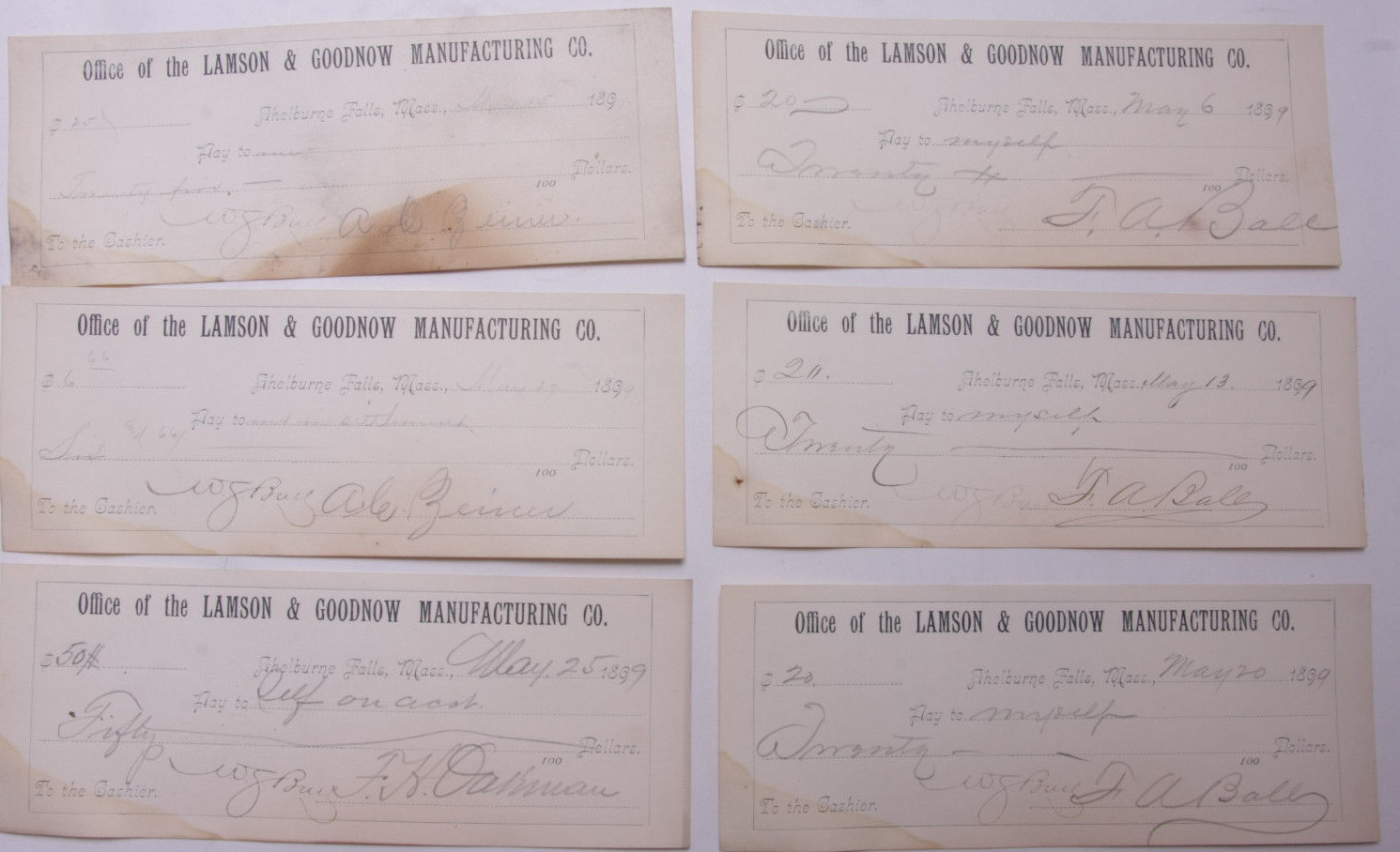 1899 Lamson Goodnow (6) Signed Pay Vouchers Antique Hand Written Ephemera C28-11 1899 Lamson Goodnow (6) Signed Pay Vouchers Antique Hand Written Ephemera C28-11