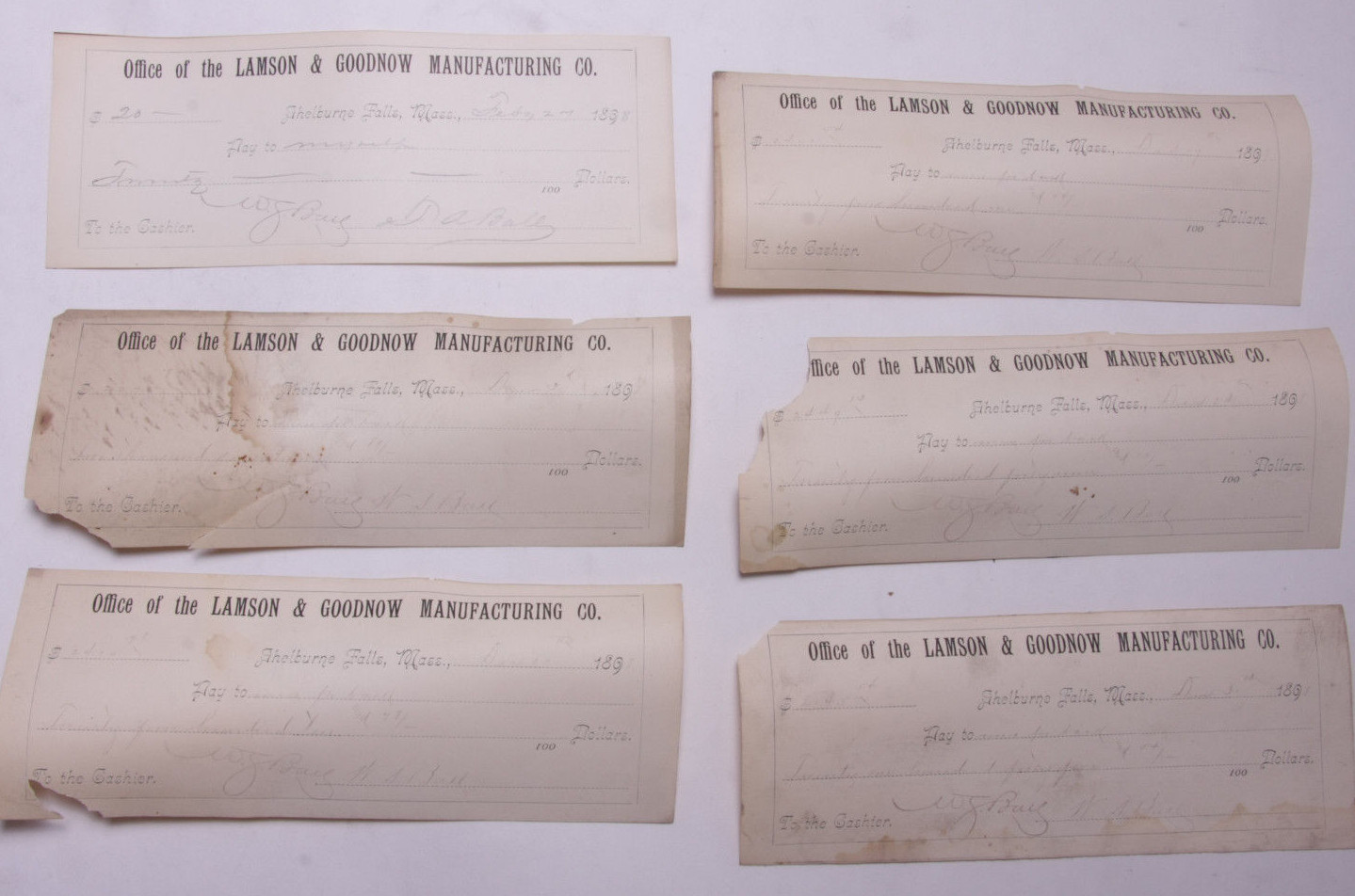 1898 Lamson Goodnow (6) Signed Pay Vouchers Antique Hand Written Ephemera C28-14 1898 Lamson Goodnow (6) Signed Pay Vouchers Antique Hand Written Ephemera C28-14