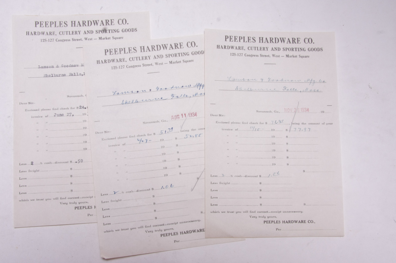 1934 Lamson Goodnow Peeples Hardware Savannah GA Payment Vouchers Ephemera P652E 1934 Lamson Goodnow Peeples Hardware Savannah GA Payment Vouchers Ephemera P652E