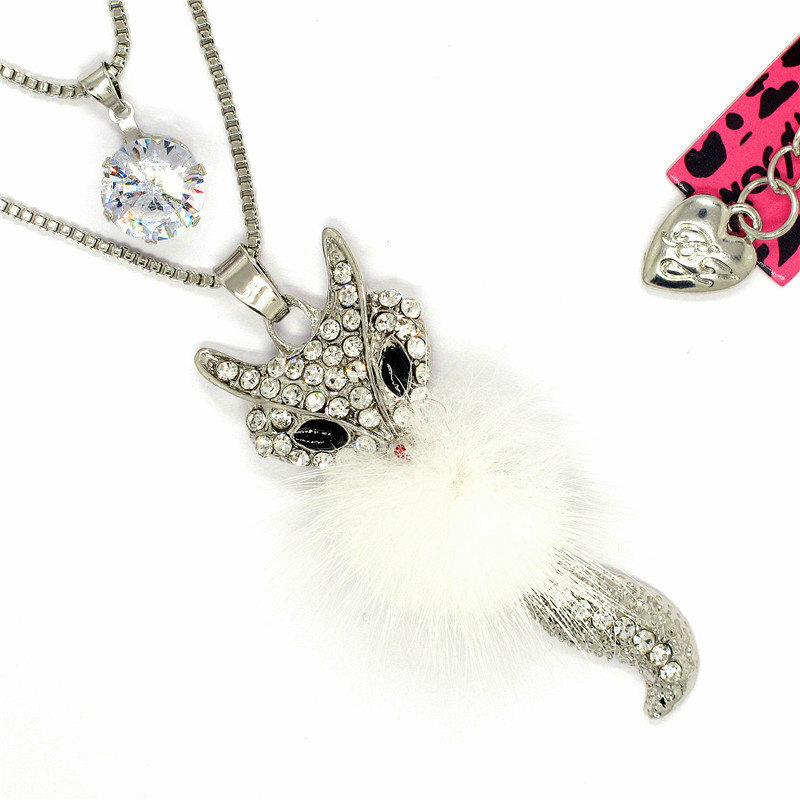 Hot Jewelry Fashio crystal fox White fluff DZ Double Pendant Chain Necklace Gift Hot Jewelry Fashio crystal fox White fluff DZ Double Pendant Chain Necklace Gift