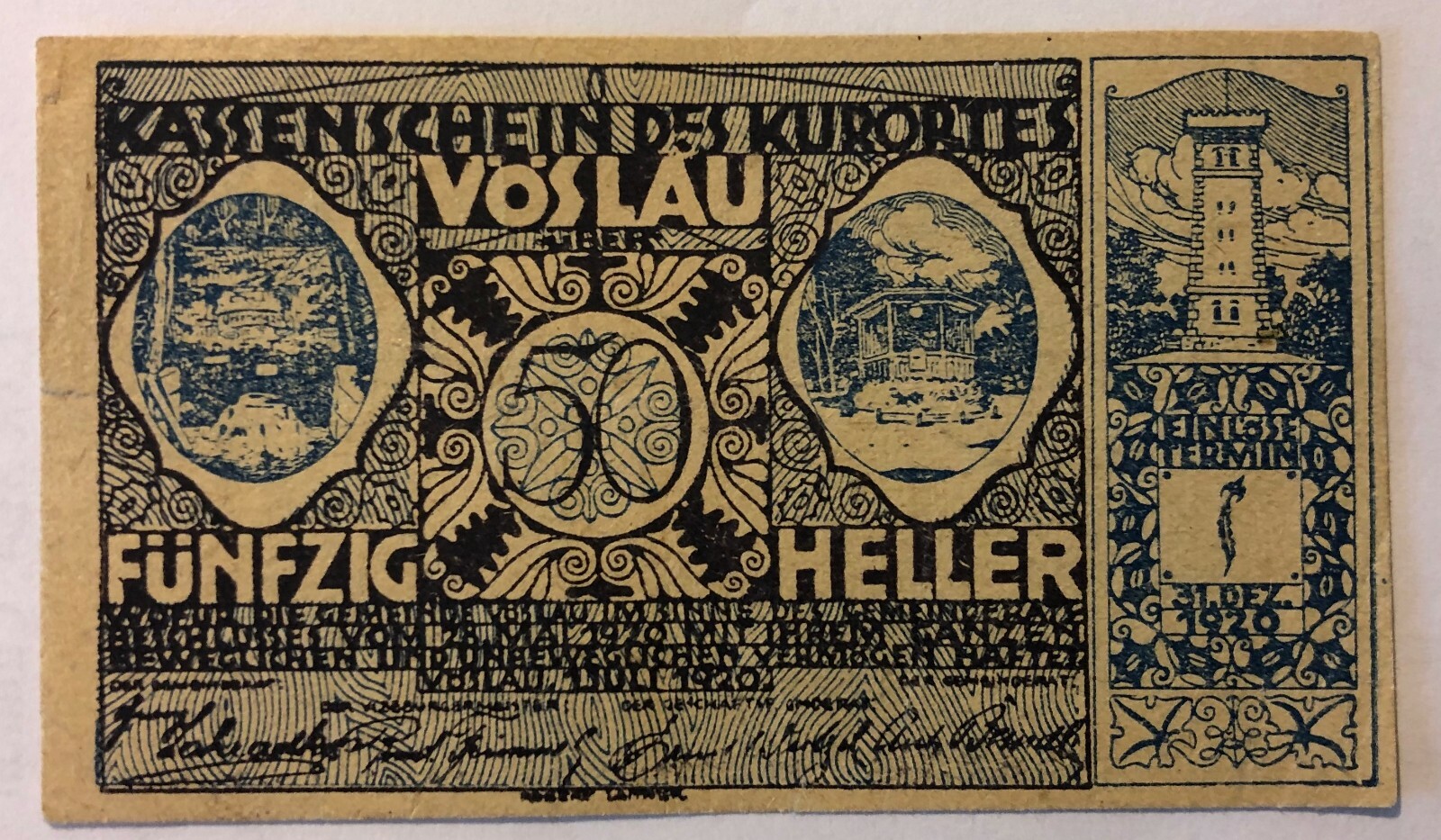 1920 ~ Voslau ~ AUSTRIA ~ 50 heller voucher ~ NOTGELD ~ XF45 Condition 1920 ~ Voslau ~ AUSTRIA ~ 50 heller voucher ~ NOTGELD ~ XF45 Condition