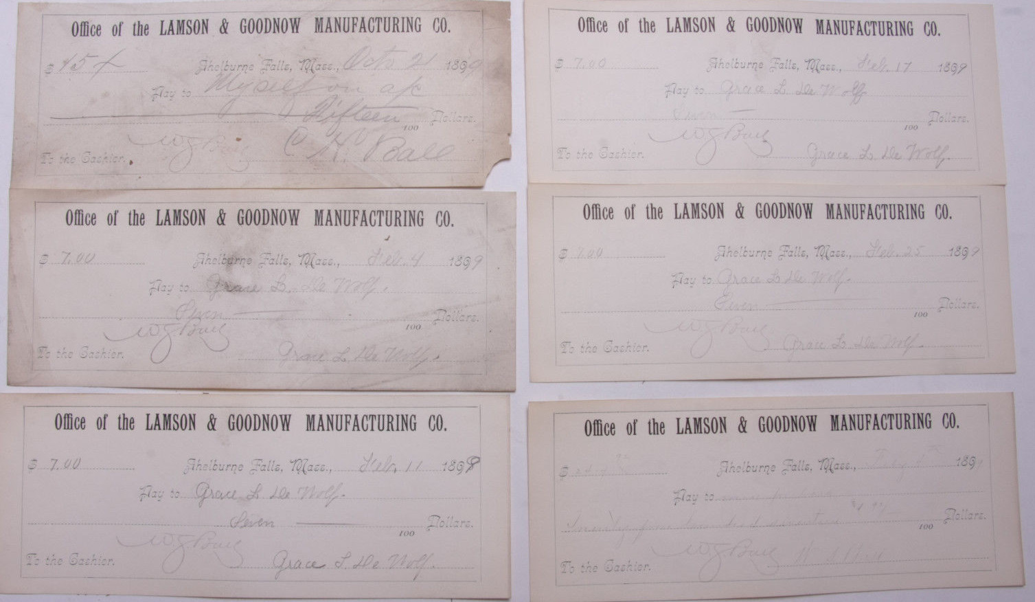 1899 Lamson Goodnow (6) Signed Pay Vouchers Antique Hand Written Ephemera C28-6 1899 Lamson Goodnow (6) Signed Pay Vouchers Antique Hand Written Ephemera C28-6