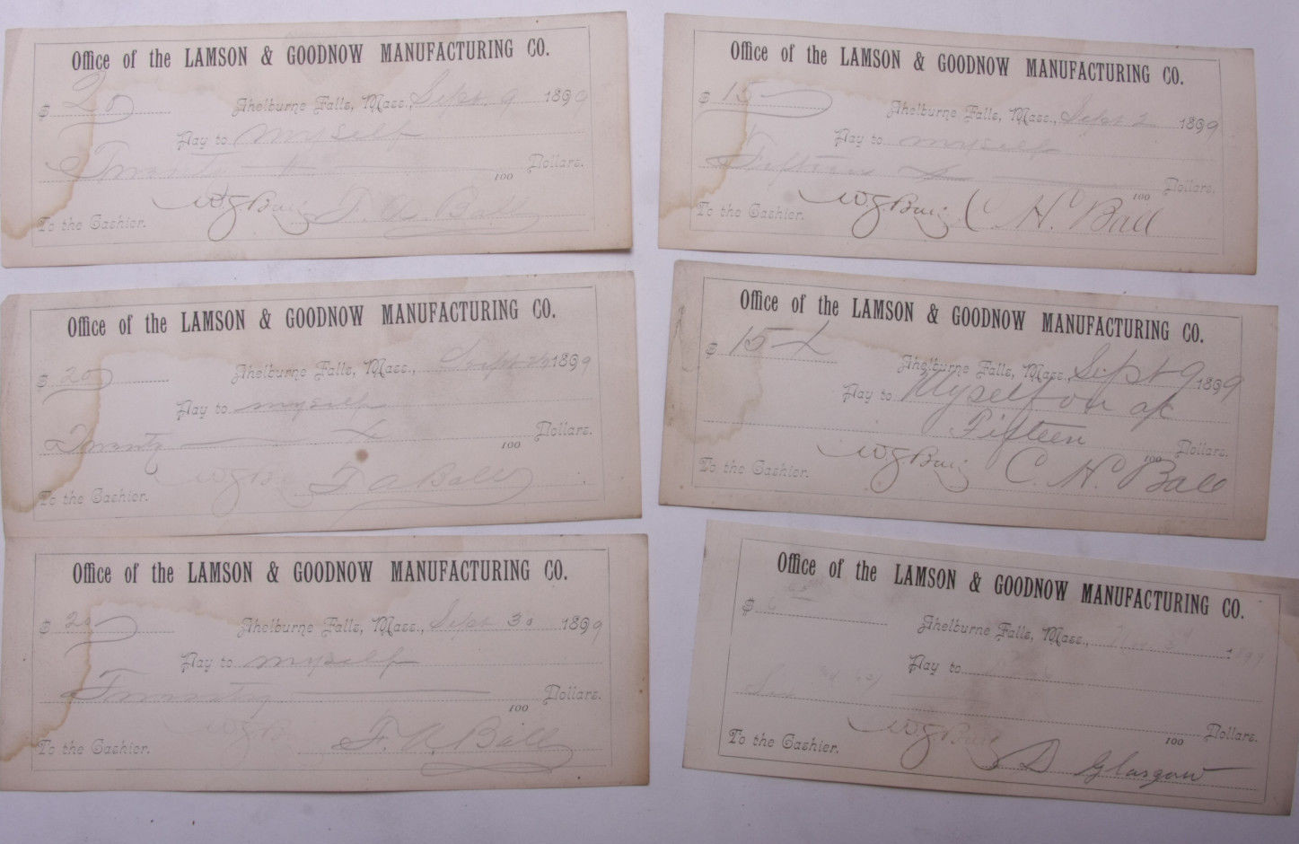 1899 Lamson Goodnow (6) Signed Pay Vouchers Antique Hand Written Ephemera C28-26 1899 Lamson Goodnow (6) Signed Pay Vouchers Antique Hand Written Ephemera C28-26