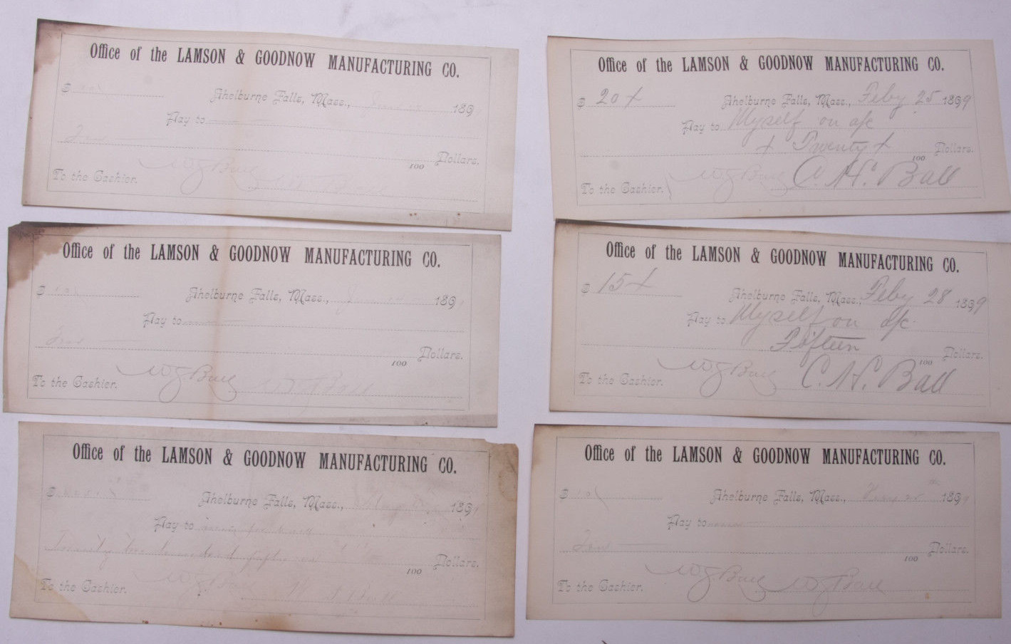 1899 Lamson Goodnow (6) Signed Pay Vouchers Antique Hand Written Ephemera C28-9 1899 Lamson Goodnow (6) Signed Pay Vouchers Antique Hand Written Ephemera C28-9