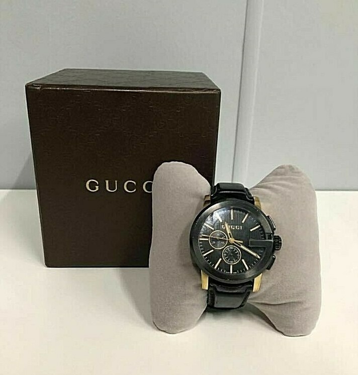 Mens Gucci Black Leather G-Crono Watch, 44mm – 101.2 – Black and Gold Mens Gucci Black Leather G-Crono Watch, 44mm – 101.2 – Black and Gold