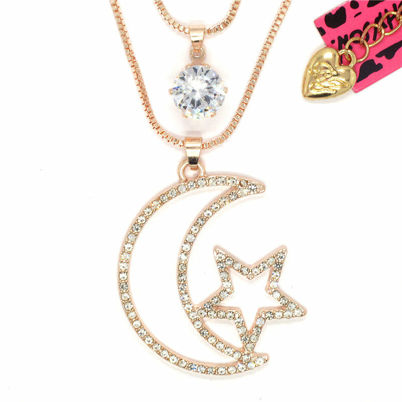 Hot Jewelry Fashion  lovely Star Moon Crystal CZ Double Pendant Chain Necklace