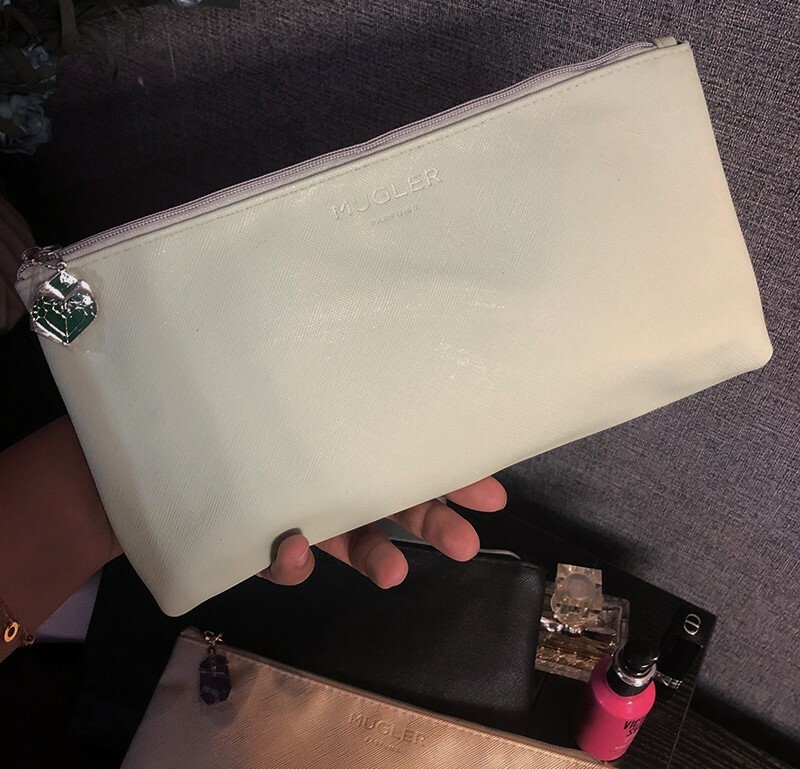 THIERRY MUGLER Parfums Light Green Makeup Cosmetics Bag, Travel Toiletry Pouch THIERRY MUGLER Parfums Light Green Makeup Cosmetics Bag, Travel Toiletry Pouch