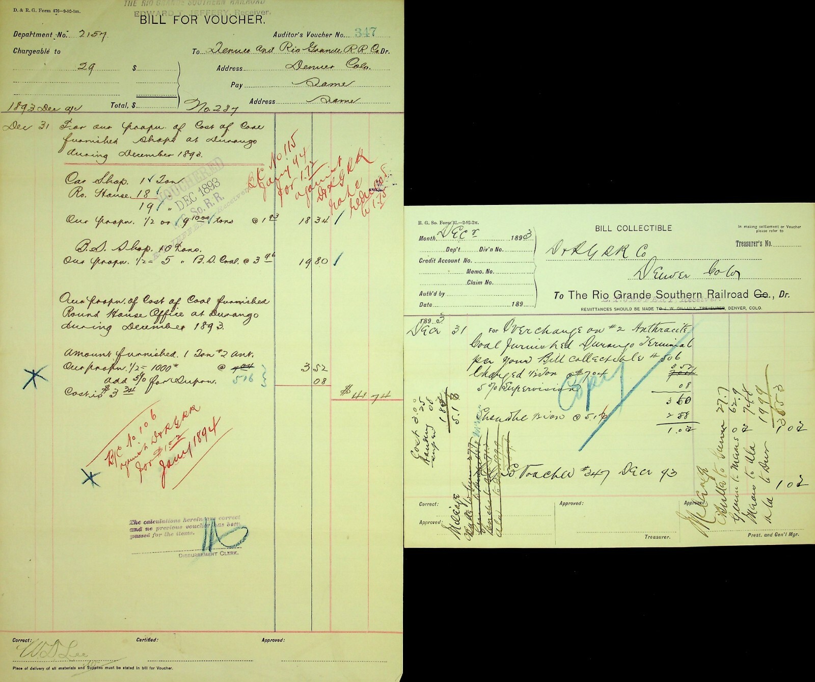 RGS Form 476 Bill for Voucher Form 32 Bill Collectible Coal Use in Durango 1893 RGS Form 476 Bill for Voucher Form 32 Bill Collectible Coal Use in Durango 1893