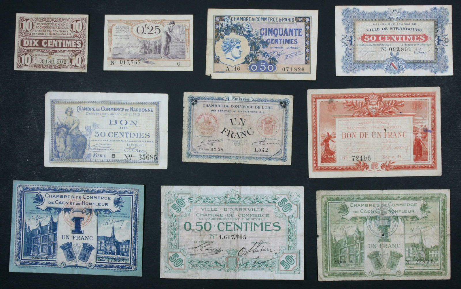 FRANCE – Lot Set of 10 Notes Bons Vouchers: 0.25 Centimaes 1 Franc 1915-1920 #1 FRANCE – Lot Set of 10 Notes Bons Vouchers: 0.25 Centimaes 1 Franc 1915-1920 #1