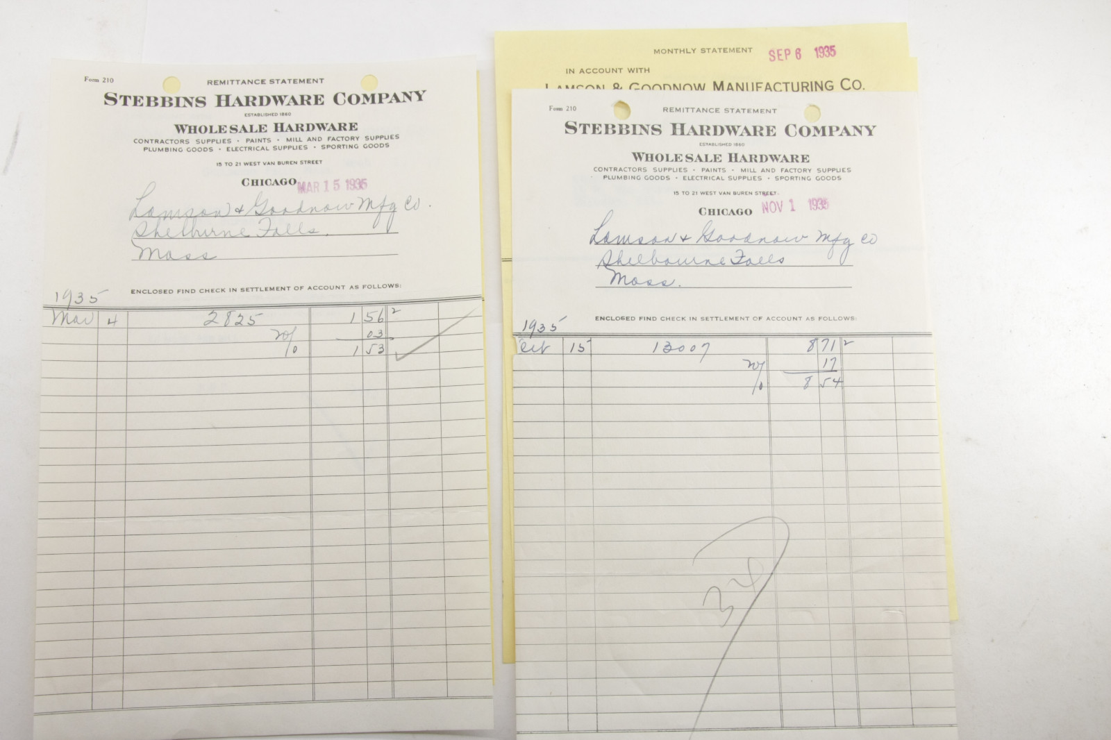 1935 Lamson Goodnow Stebbins Hardware Chicago IL Payment Vouchers Ephemera P771G 1935 Lamson Goodnow Stebbins Hardware Chicago IL Payment Vouchers Ephemera P771G