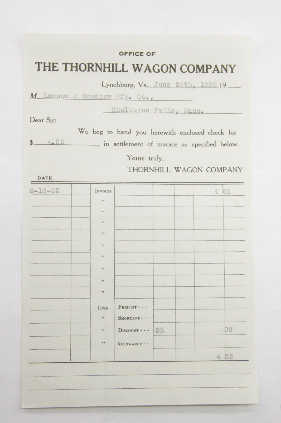 1935 Lamson Goodnow Thornhill Wagon Co Lynchburg VA Paymt Voucher Ephemera L952D 1935 Lamson Goodnow Thornhill Wagon Co Lynchburg VA Paymt Voucher Ephemera L952D