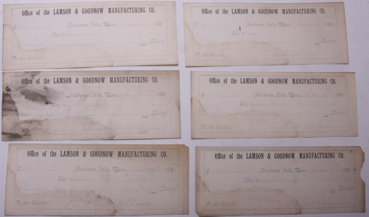 1899 Lamson Goodnow (6) Signed Pay Vouchers Antique Hand Written Ephemera C28-30 1899 Lamson Goodnow (6) Signed Pay Vouchers Antique Hand Written Ephemera C28-30