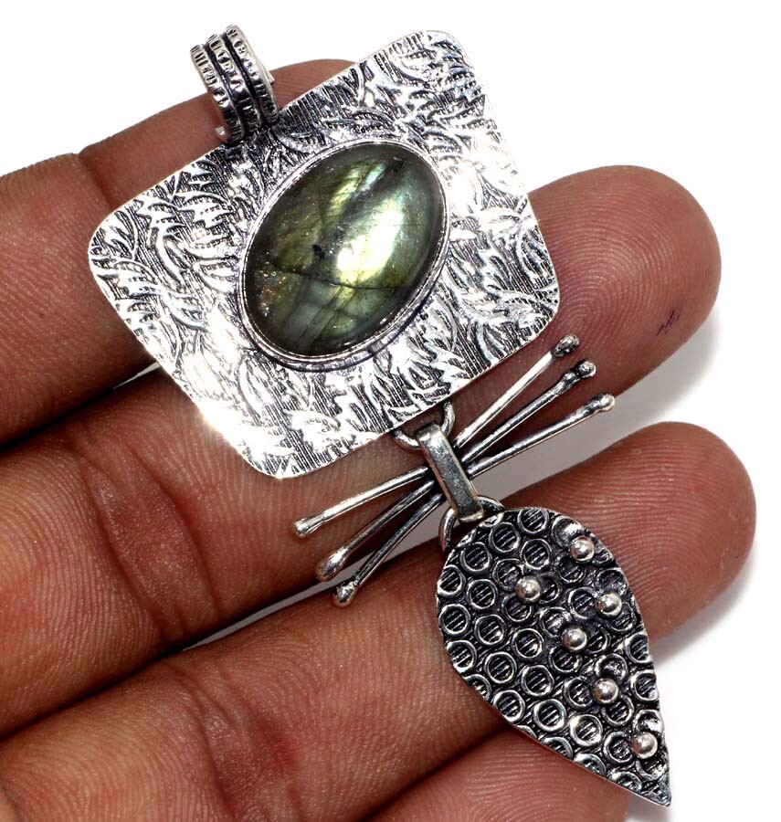 Fiery Labradorite 925 Silver Plated Gemstone Pendant 2.7″ Unique Gift GW