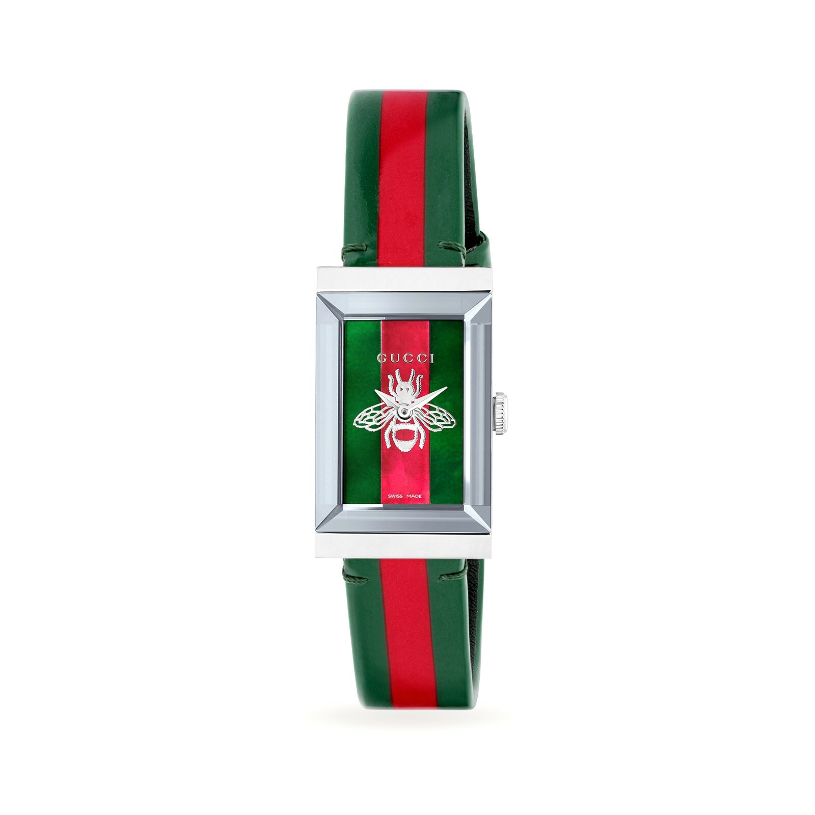 NEW Genuine GUCCI G-Frame Green Red Web Leather Small Thin Ladies Watch YA147408