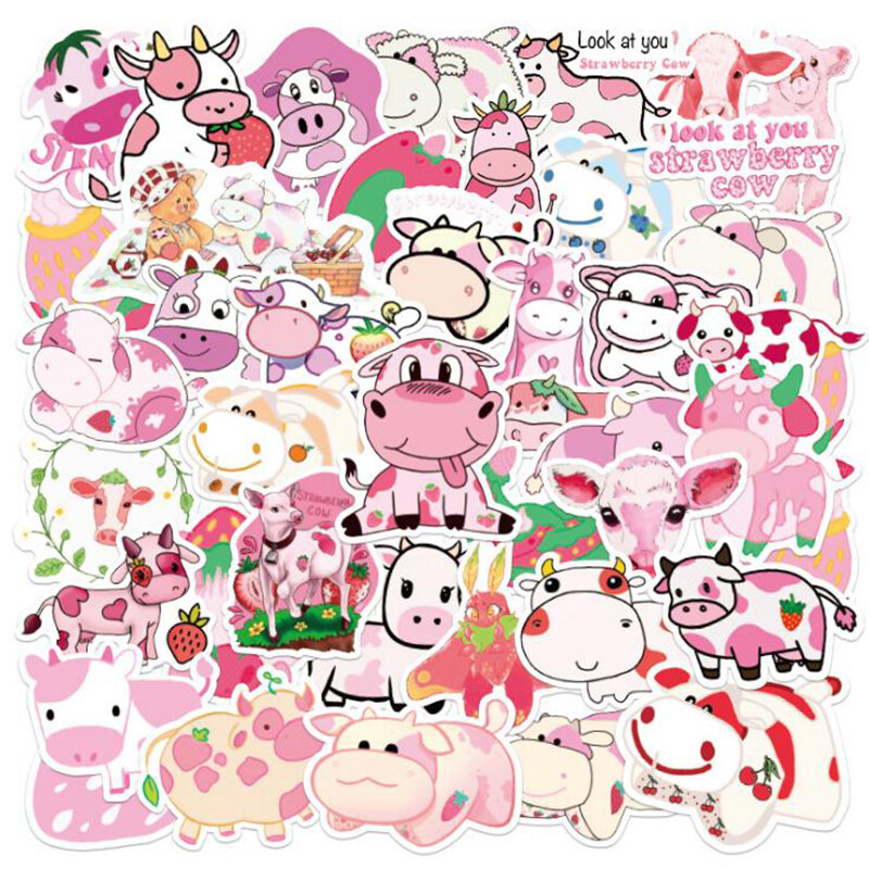 50Pcs Cartoon Pink Strawberry Cow Stickers Laptop Skateboard Luggage Stick Y1 50Pcs Cartoon Pink Strawberry Cow Stickers Laptop Skateboard Luggage Stick Y1