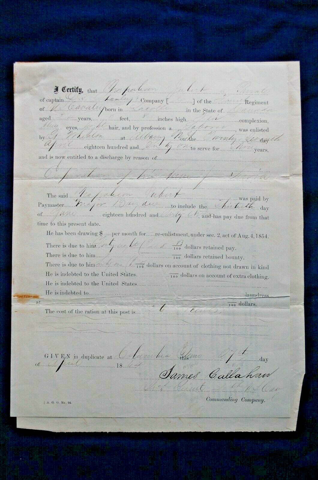 Final Statement & Pay Voucher-Pvt.of 4th US Cavalry, Signed by James Callahan Final Statement & Pay Voucher-Pvt.of 4th US Cavalry, Signed by James Callahan