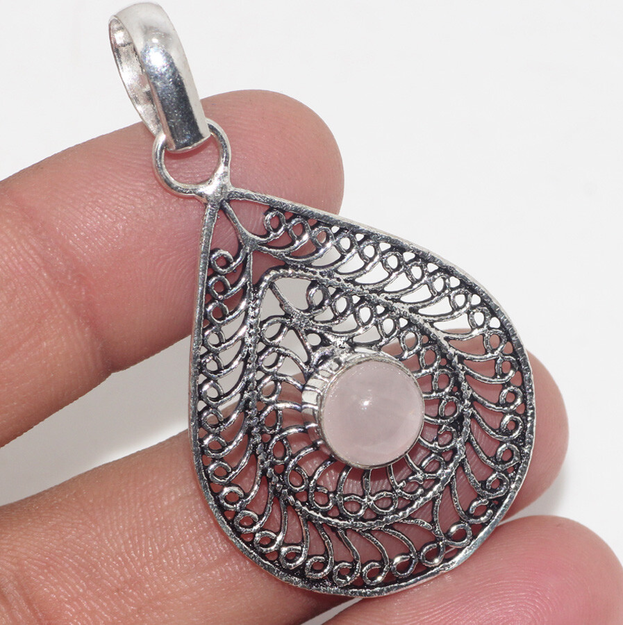 Rose Quartz 925 Silver Plated Handmade Pendant 2″ Birthday Gift GW