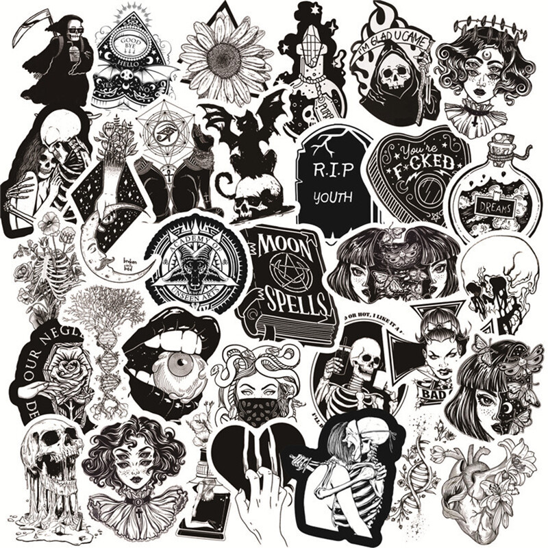 50Pcs Black White Horror Skull Gothic Punk Stickers Skateboard Luggage Decals
