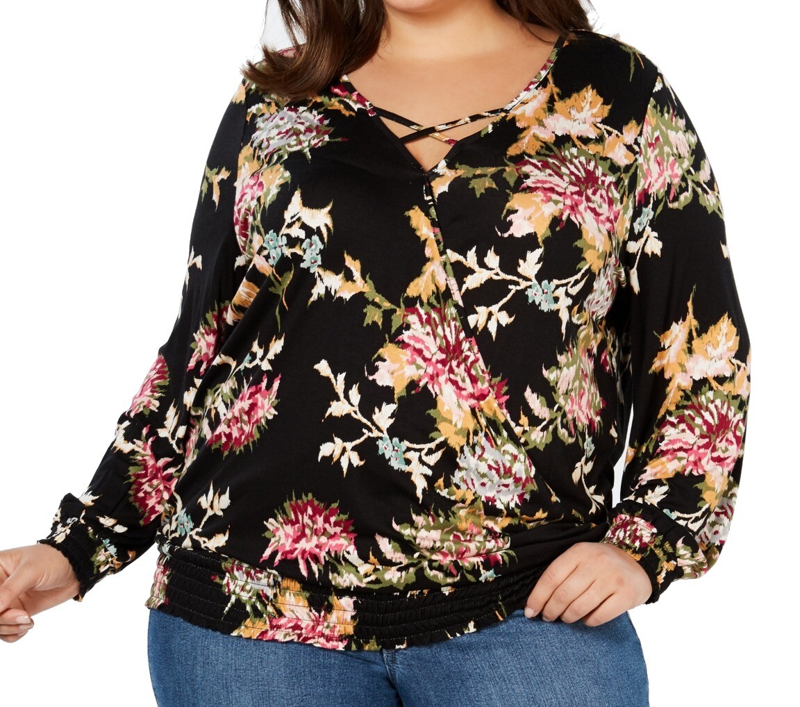 Style & Co. Women’s Top Black Size 1X Plus Floral Criss-Cross Surplice $56 #187
