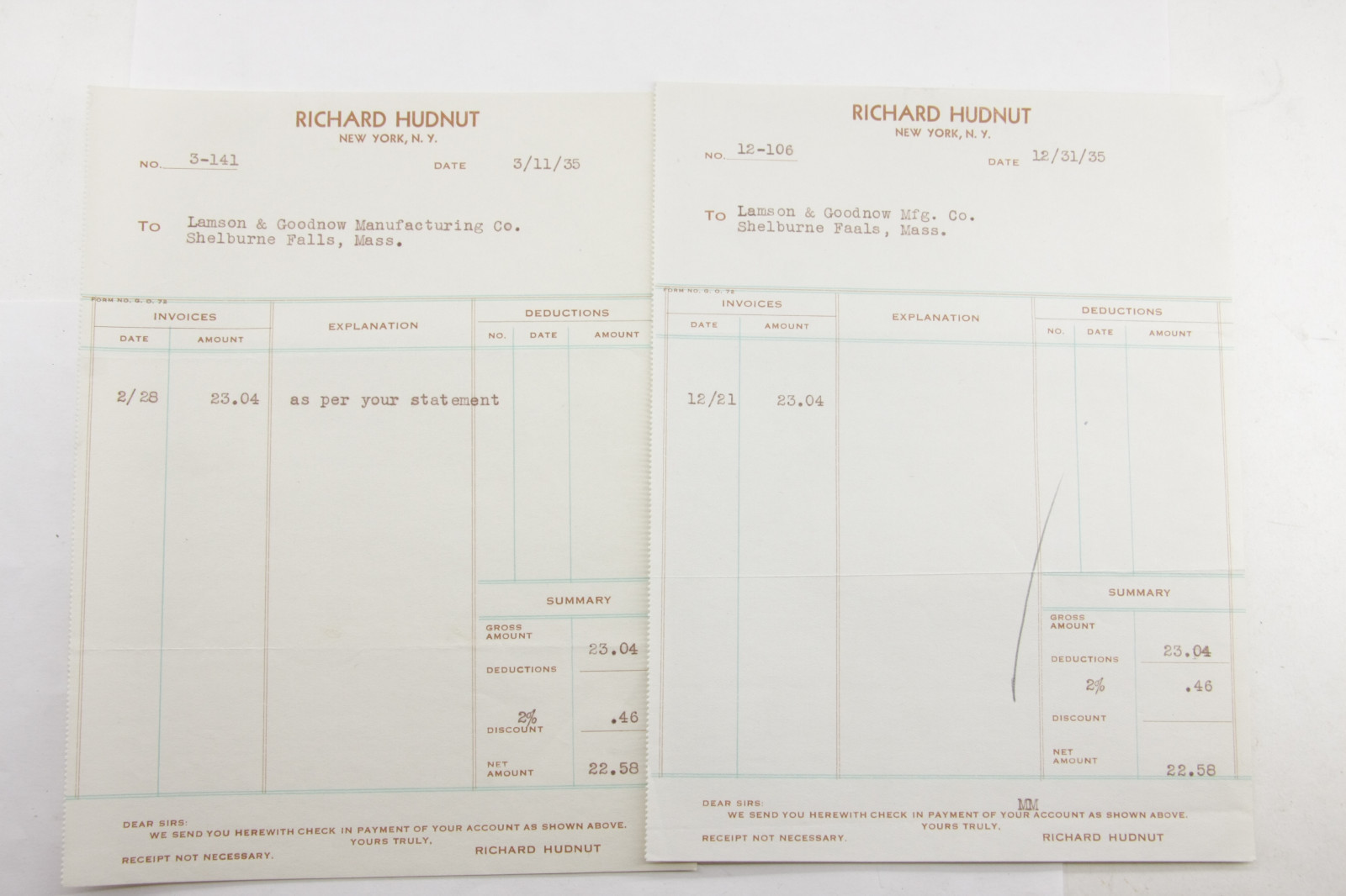 1935 Lamson Goodnow Richard Hudnut NYC Payment Vouchers Ephemera P770A 1935 Lamson Goodnow Richard Hudnut NYC Payment Vouchers Ephemera P770A