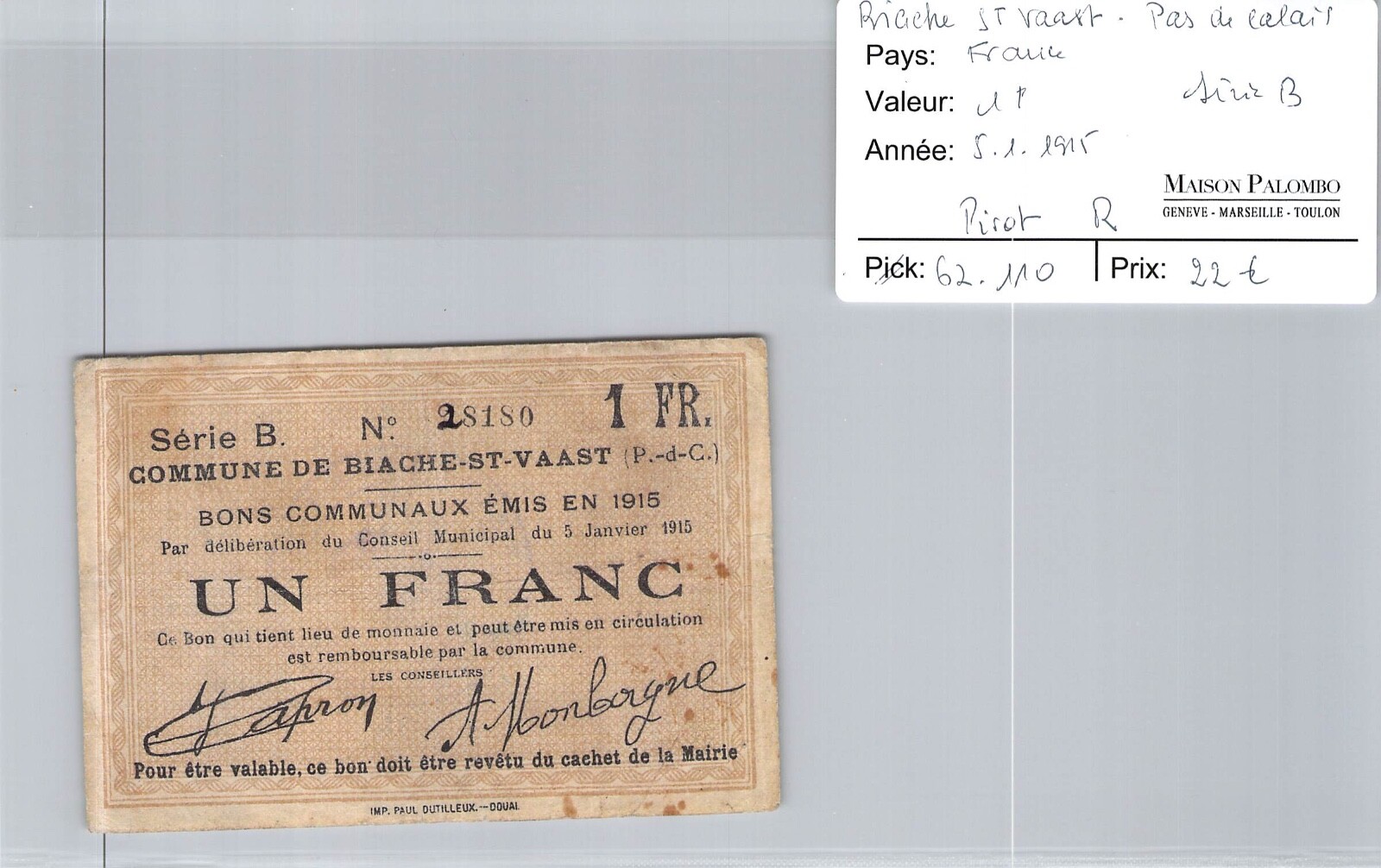 Vouchers Common Land Khalidiyah St Vasst 1 Franc 5/1/1915 Series B N° 28180 Vouchers Common Land Khalidiyah St Vasst 1 Franc 5/1/1915 Series B N° 28180