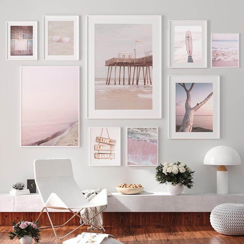 Nordic Beach Landscape Canvas Poster Pink Ocean Waves Art Print Modern Home Deco Nordic Beach Landscape Canvas Poster Pink Ocean Waves Art Print Modern Home Deco