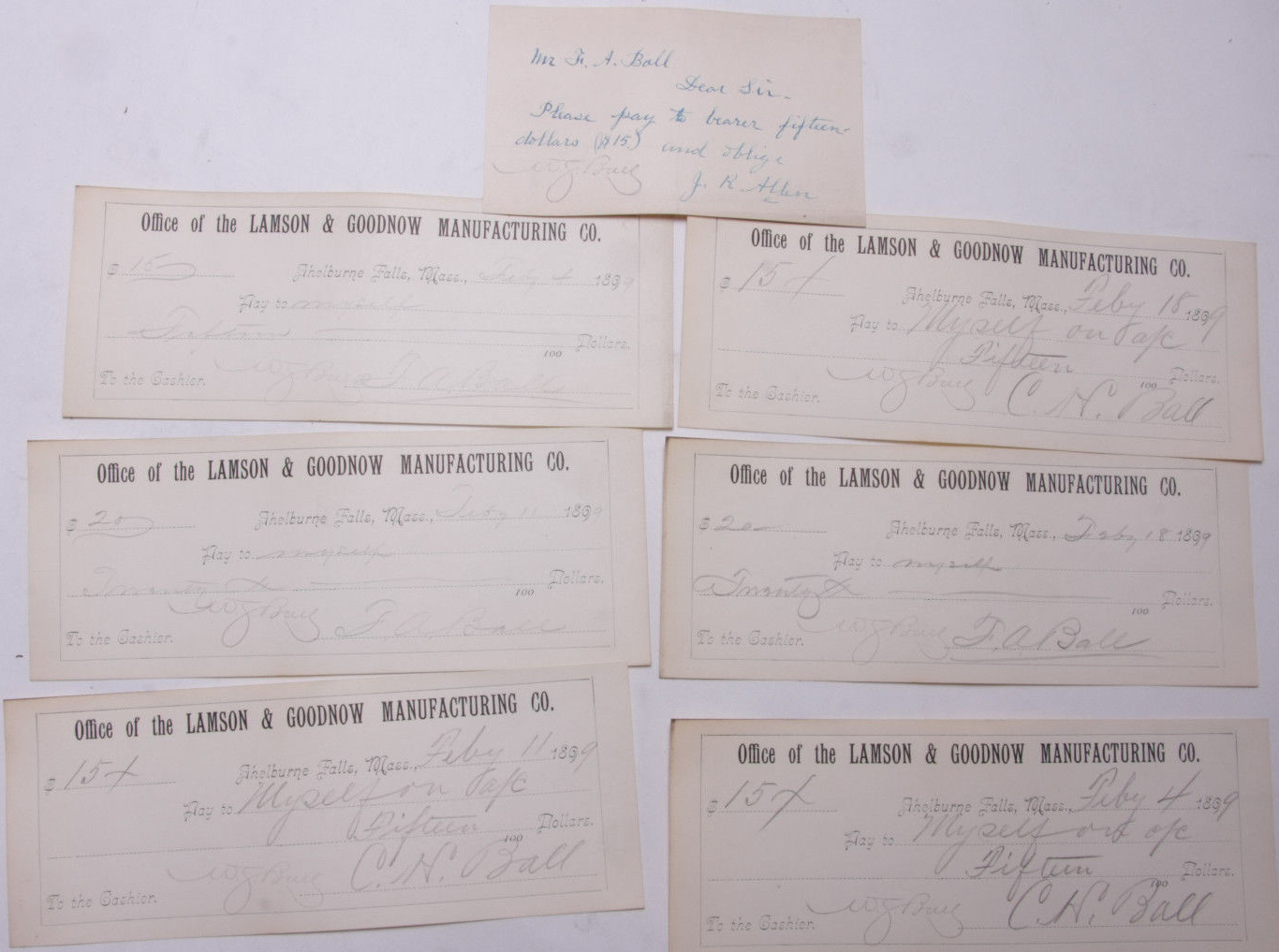 1899 Lamson Goodnow (6) Signed Pay Vouchers Antique Hand Written Ephemera C28-8 1899 Lamson Goodnow (6) Signed Pay Vouchers Antique Hand Written Ephemera C28-8