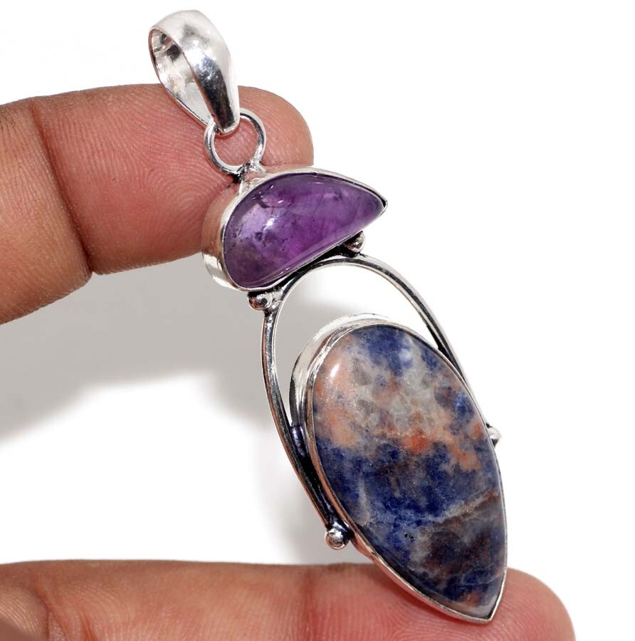 Sodalite Amethyst 925 Silver Plated Gemstone Pendant 2.4″ Unique Gift GW