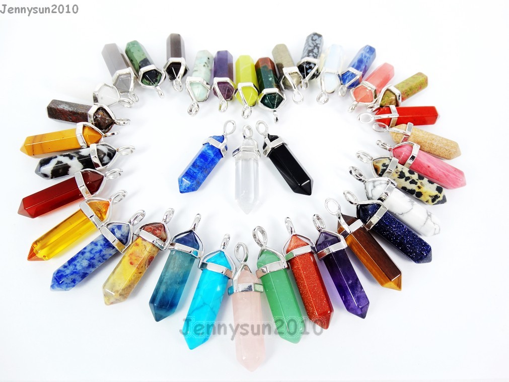 Natural Gemstones Hexagonal Pointed Reiki Chakra Pendant Charms Silver Plated Natural Gemstones Hexagonal Pointed Reiki Chakra Pendant Charms Silver Plated