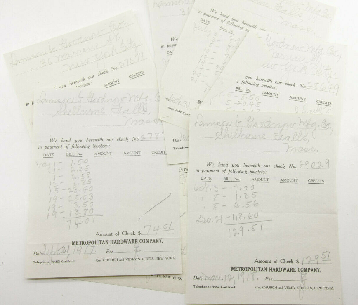 1917 Lamson Goodnow Metropolitan Hardware Co NYC Payment Vouchers Ephemera P891A 1917 Lamson Goodnow Metropolitan Hardware Co NYC Payment Vouchers Ephemera P891A