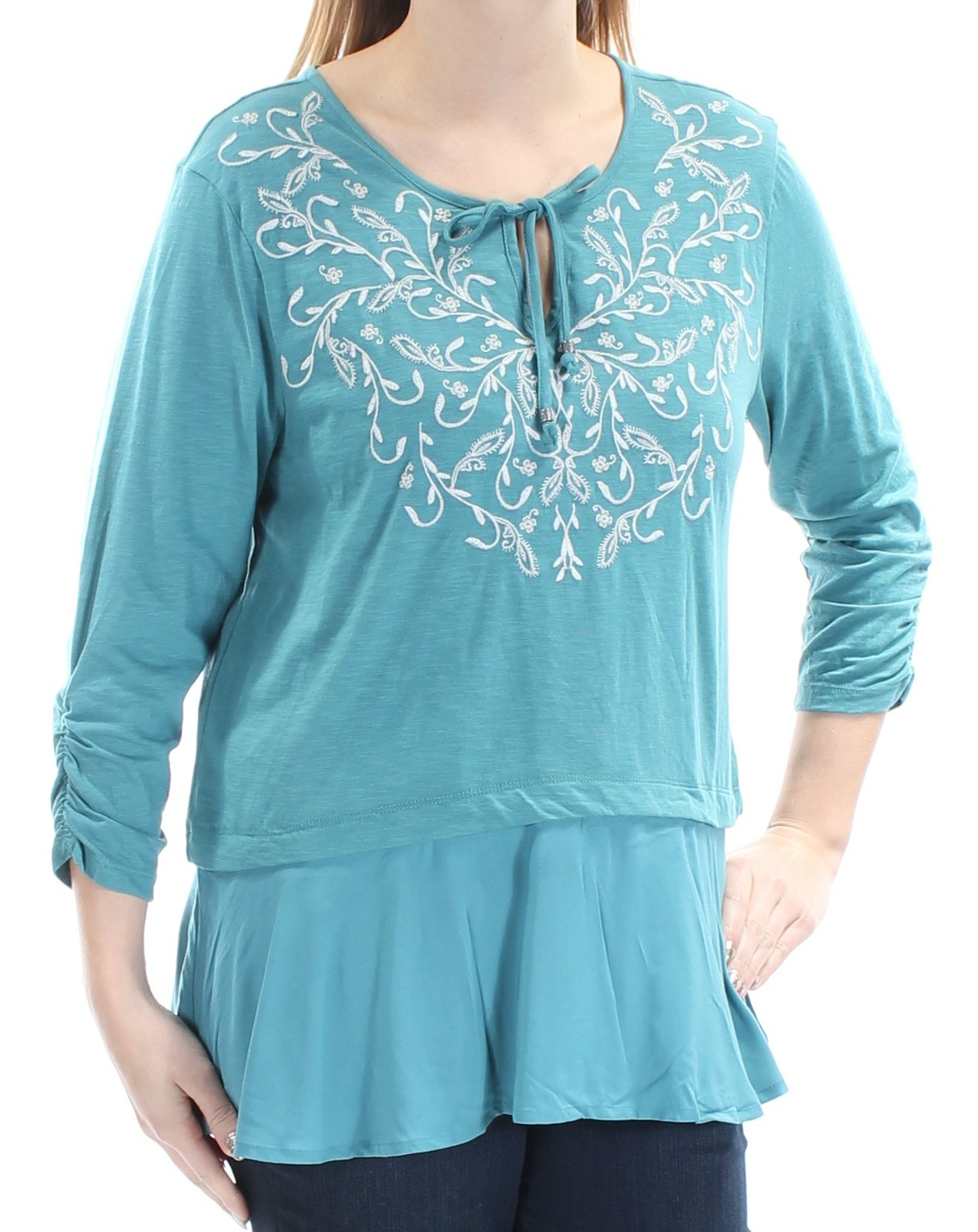 STYLE & COMPANY Womens New 1223 Teal Embroidered 3/4 Sleeve Peplum Top L B+B STYLE & COMPANY Womens New 1223 Teal Embroidered 3/4 Sleeve Peplum Top L B+B