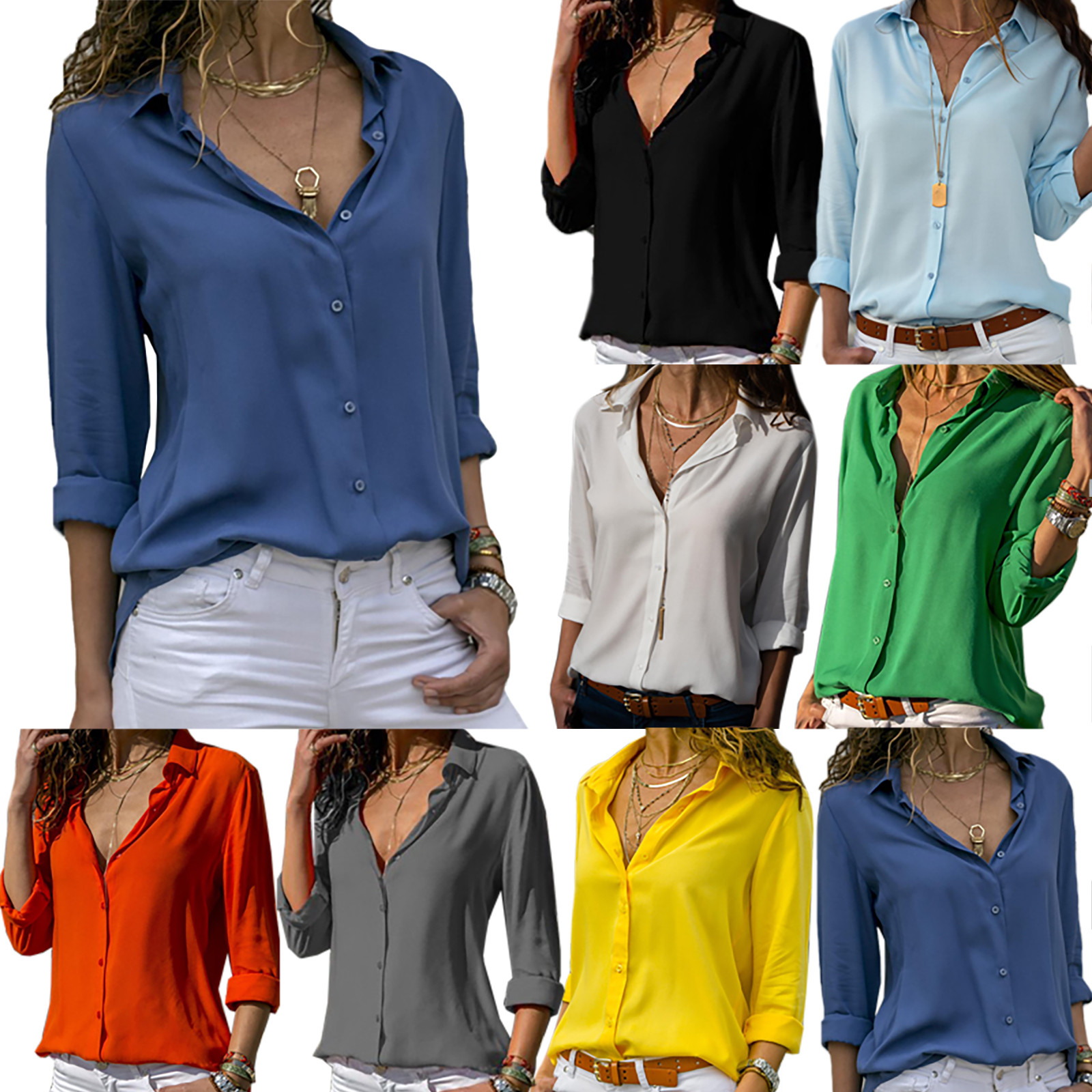 Womens Casual V Neck Long Sleeve Blouse Work Office Button Shirt Comfy Tops Tees Womens Casual V Neck Long Sleeve Blouse Work Office Button Shirt Comfy Tops Tees